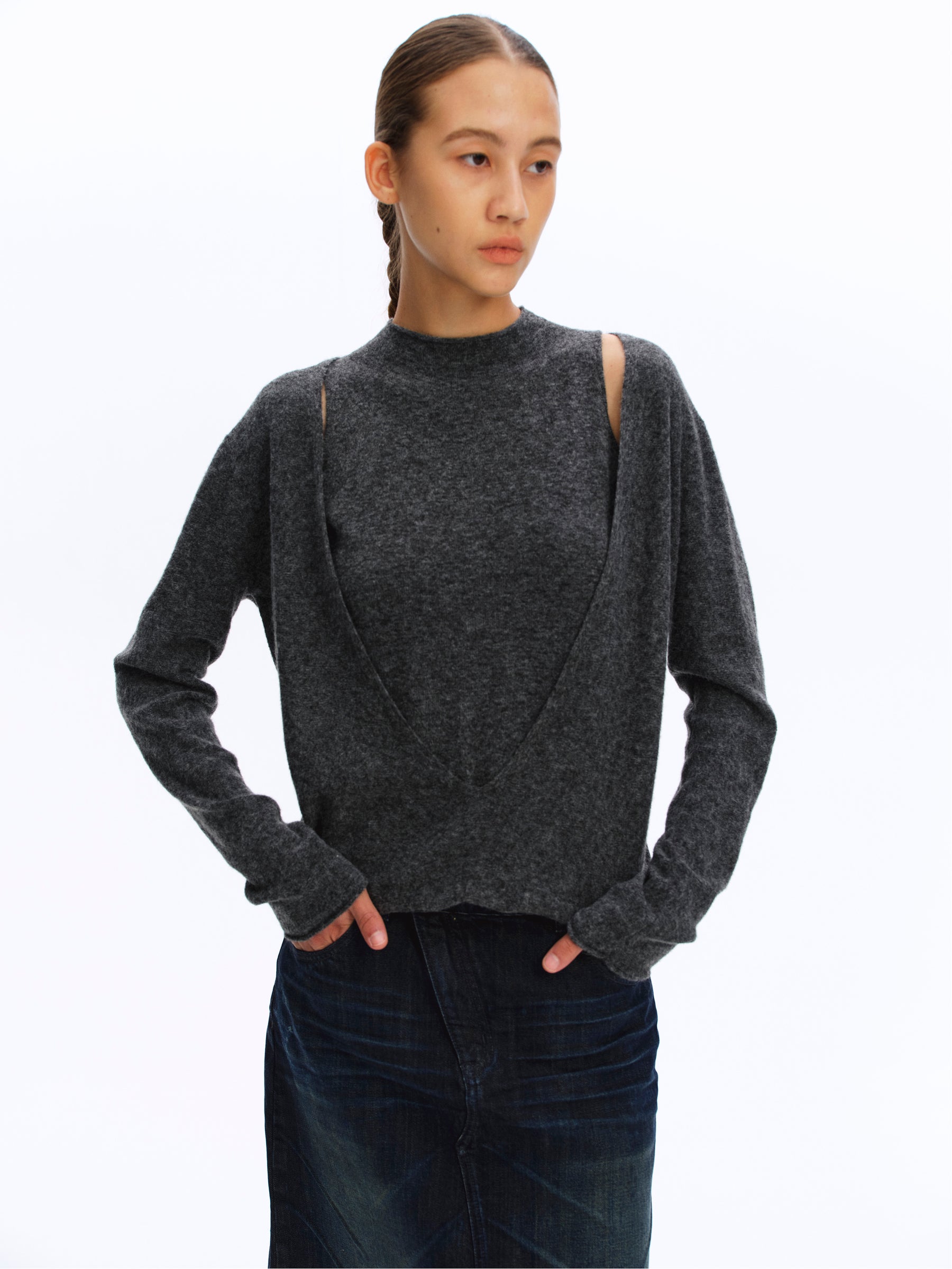 Mock Two-Piece Cut-Out Shoulder Mock Neck Top gray