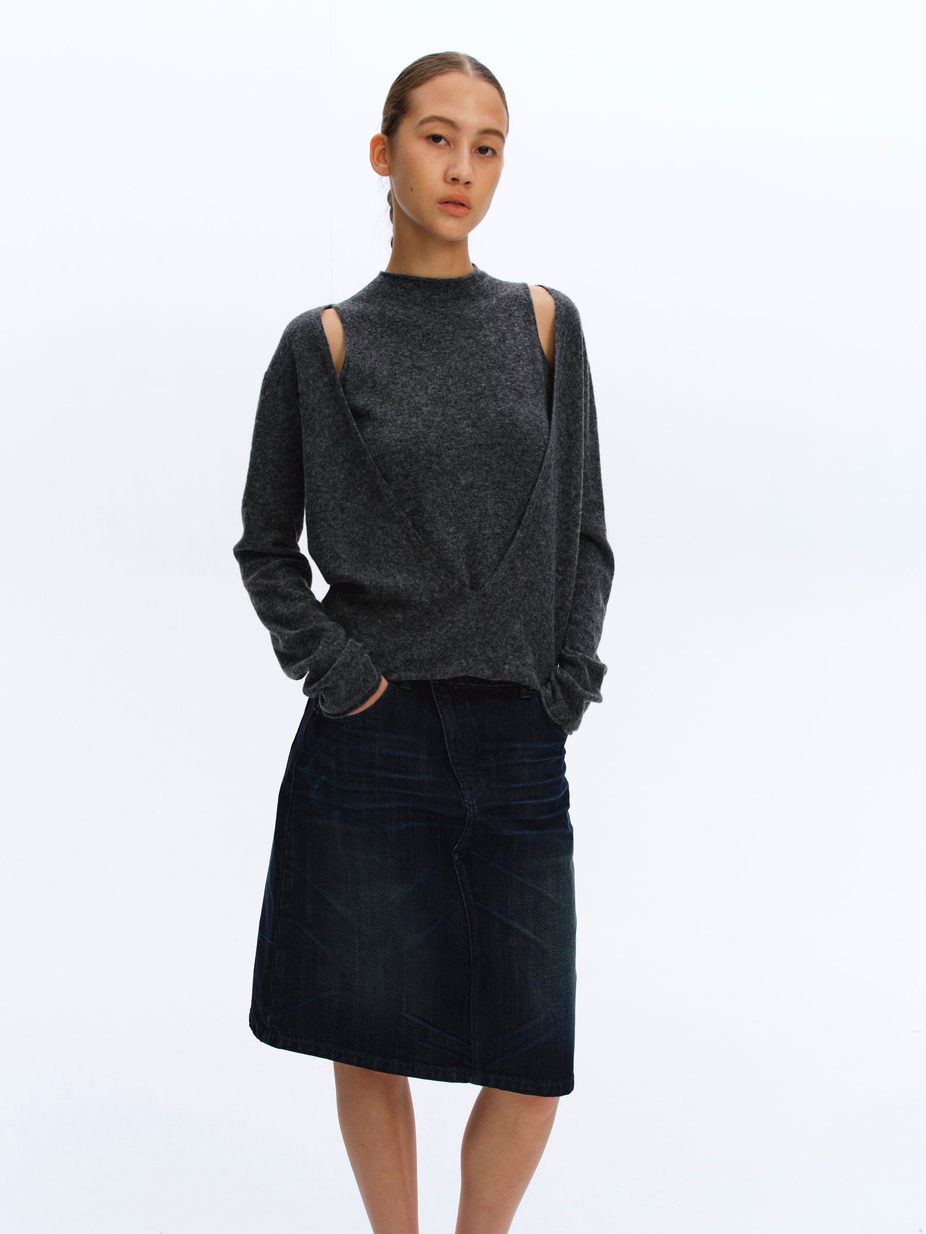 Mock Two-Piece Cut-Out Shoulder Mock Neck Top gray