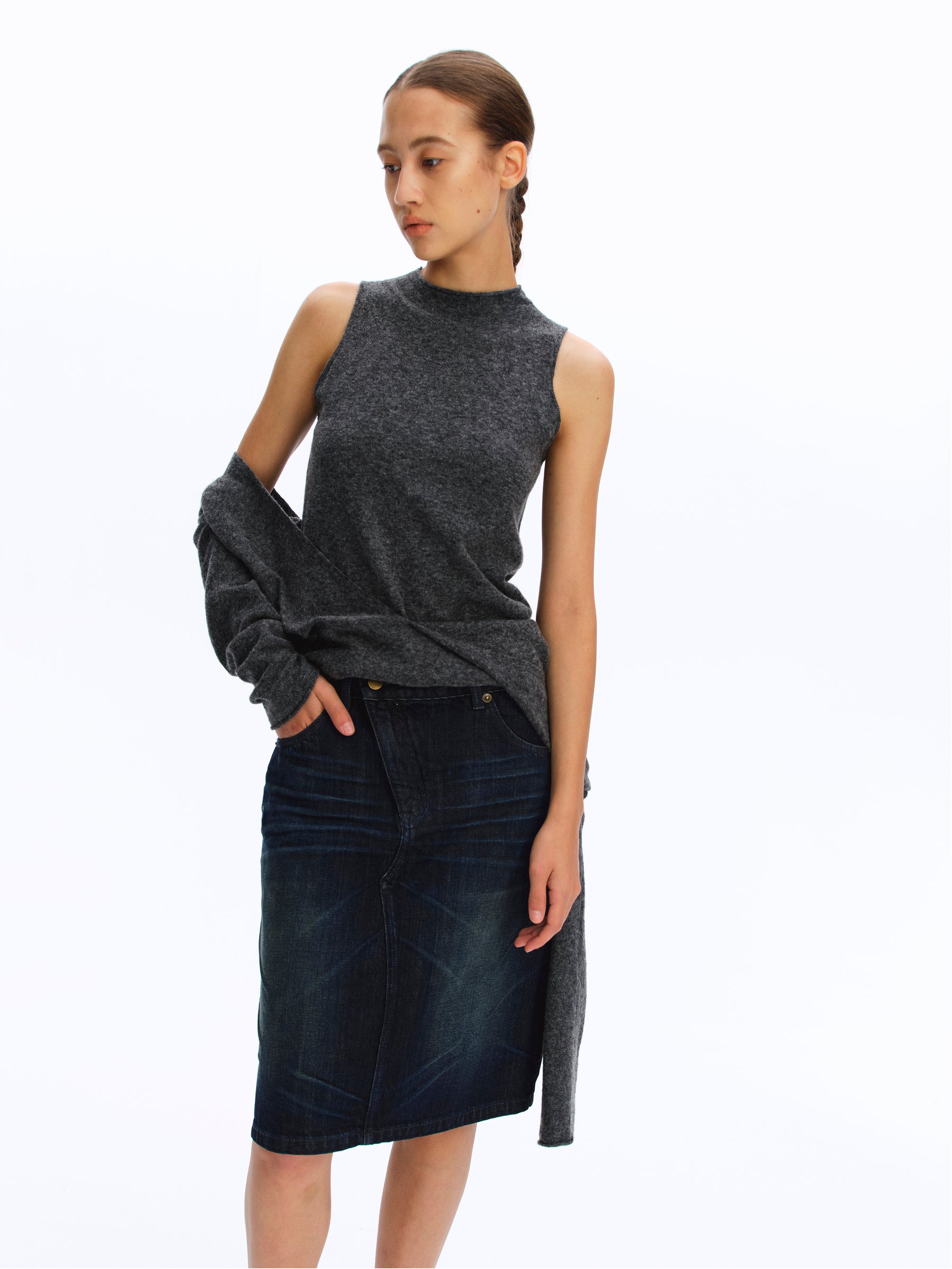 Mock Two-Piece Cut-Out Shoulder Mock Neck Top gray