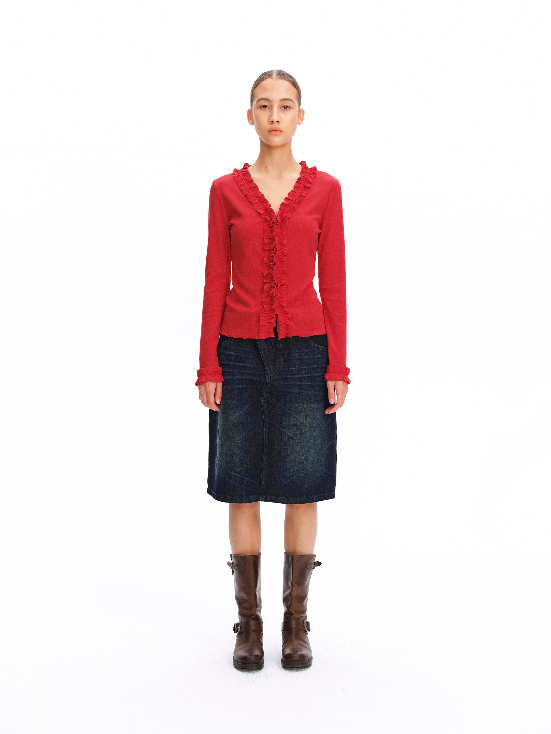 3D Lace Trim V-Neck Slim Knit Cardigan red