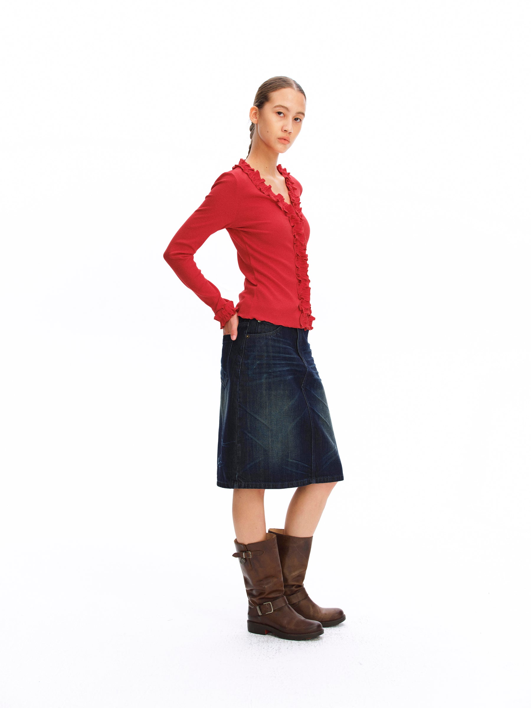 3D Lace Trim V-Neck Slim Knit Cardigan red