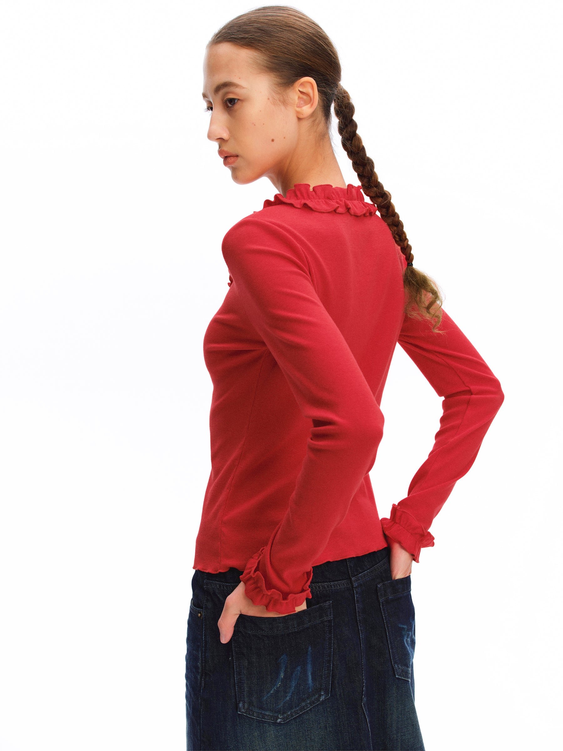 3D Lace Trim V-Neck Slim Knit Cardigan red