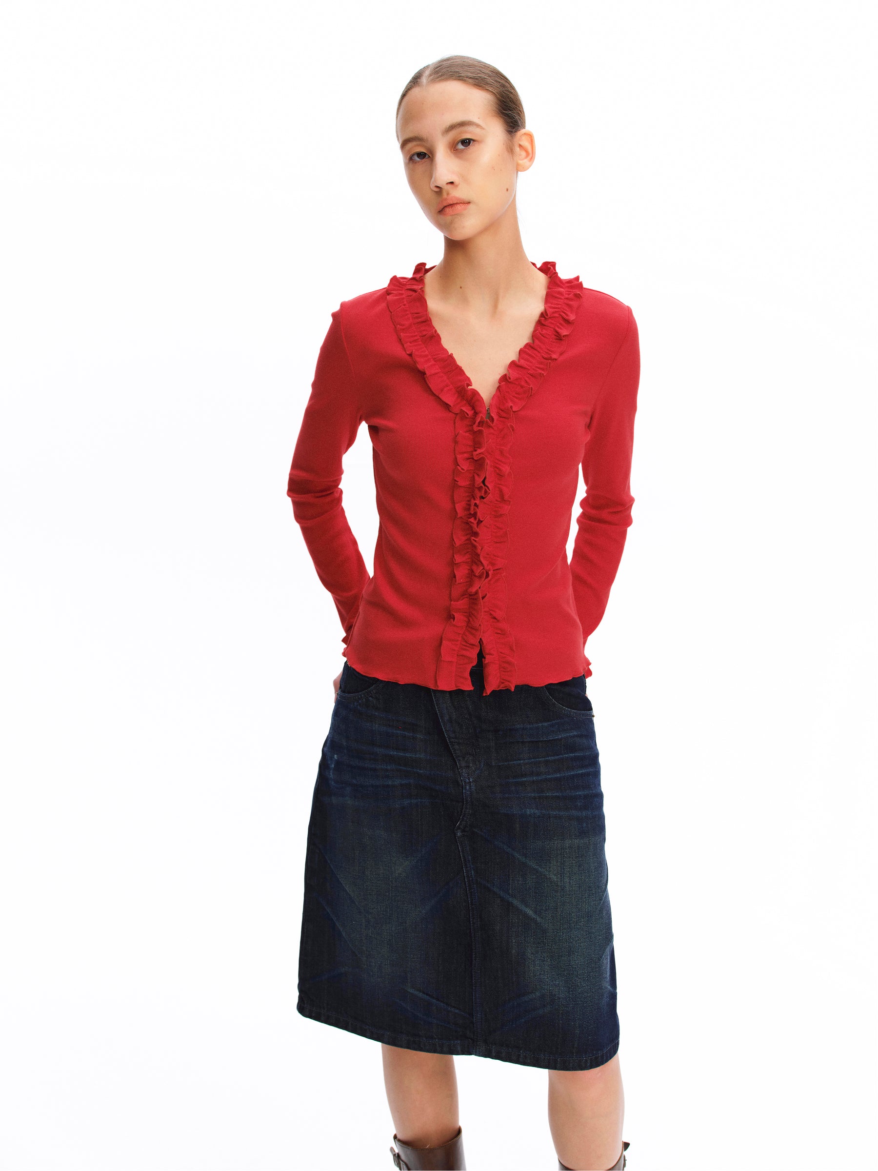 3D Lace Trim V-Neck Slim Knit Cardigan red