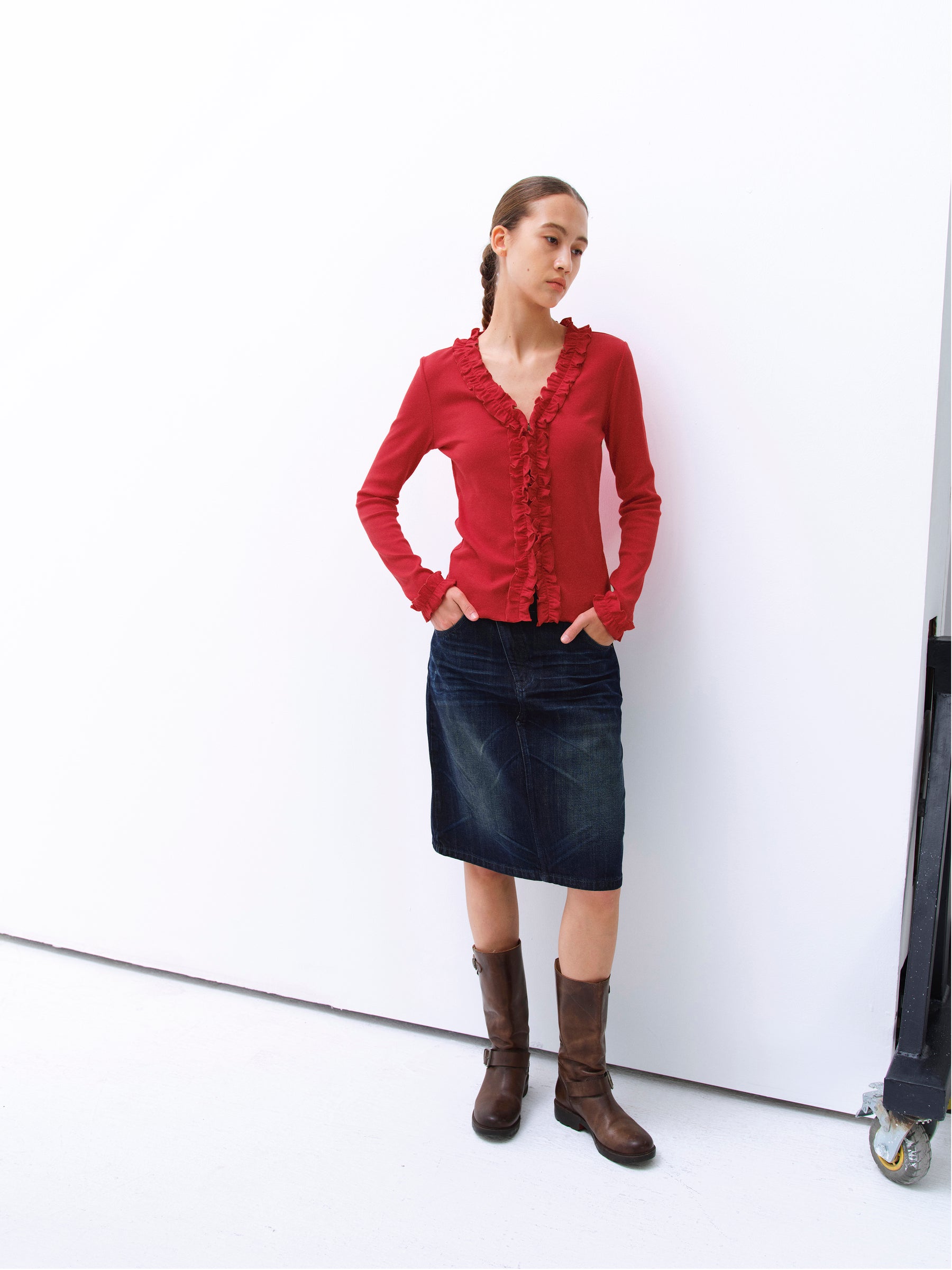 3D Lace Trim V-Neck Slim Knit Cardigan red