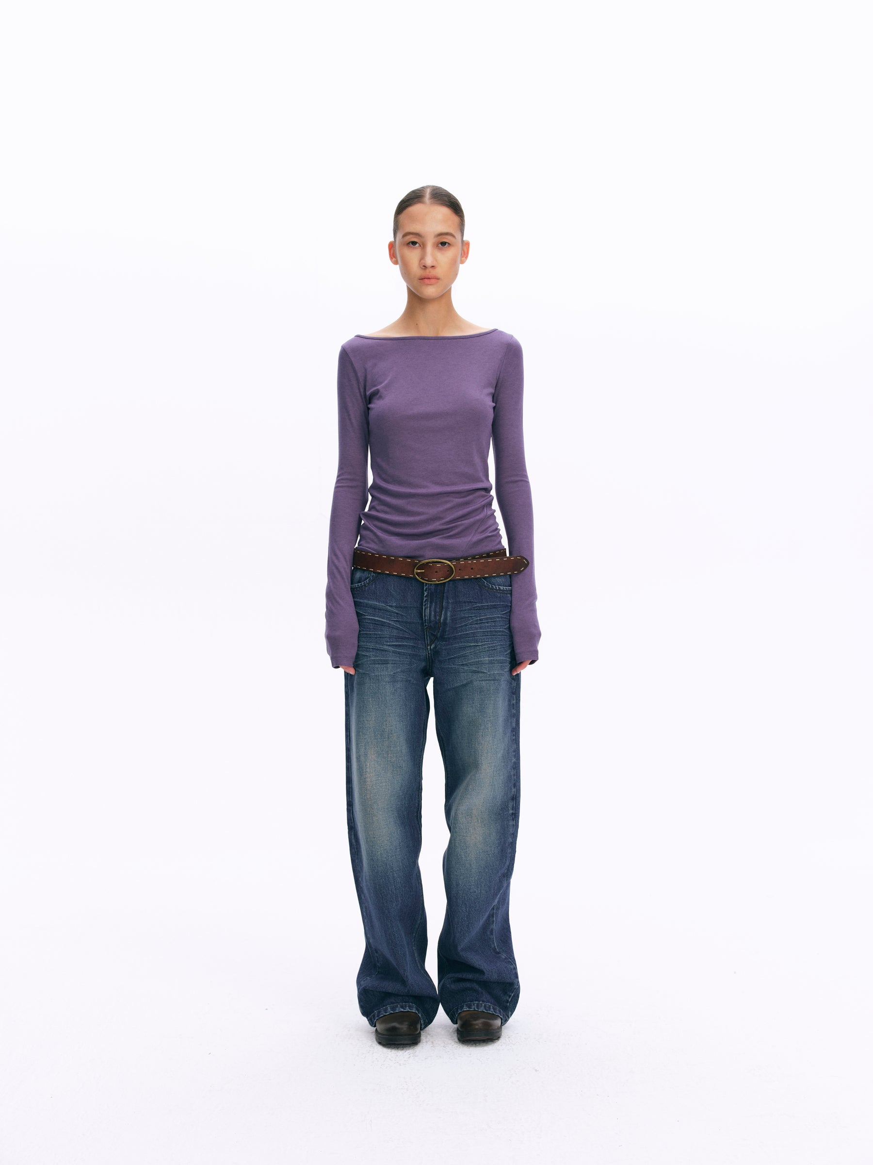 Wool Blend Boat Neck Paneled Relaxed Long-Sleeve Top purple