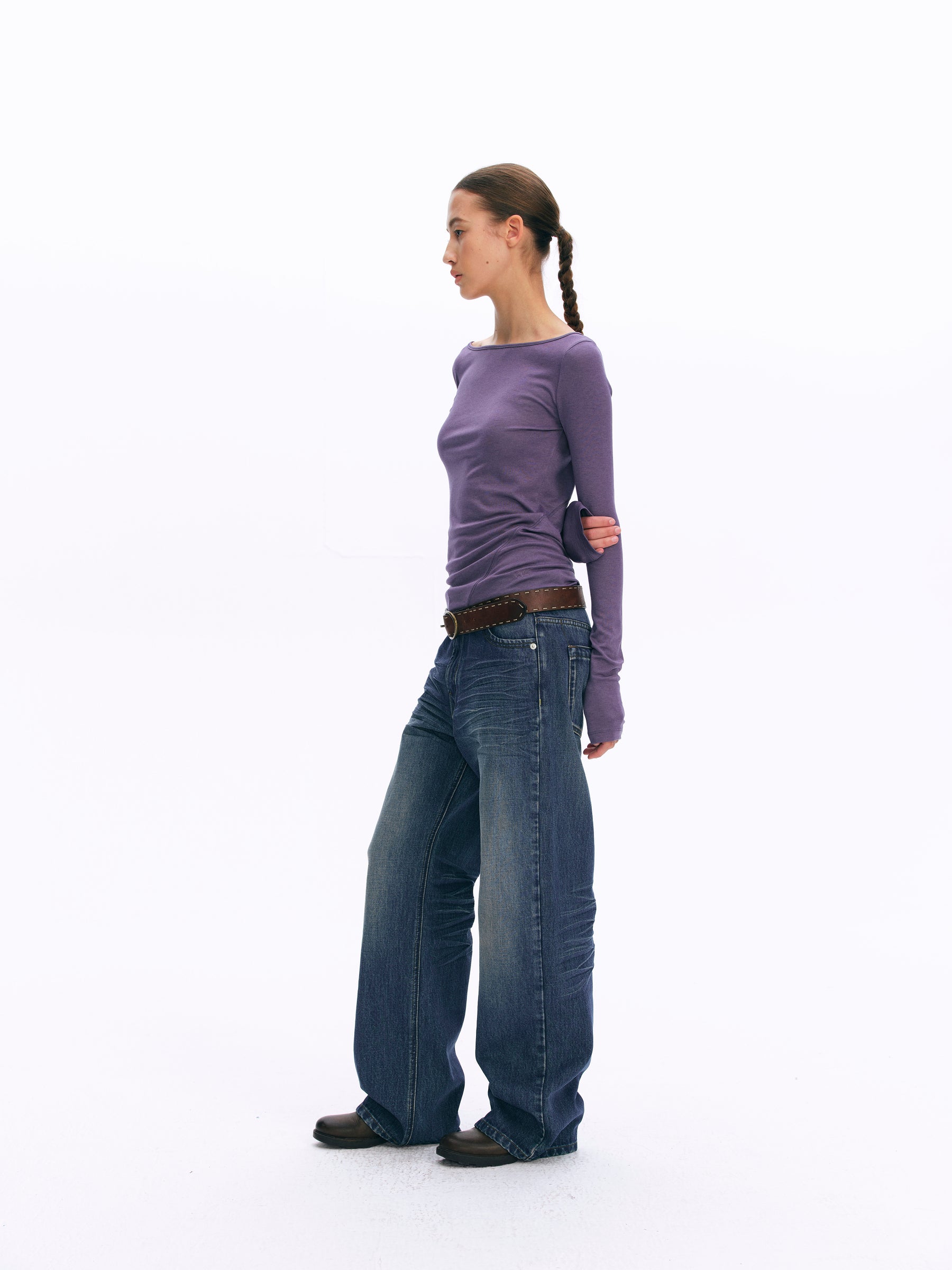 Wool Blend Boat Neck Paneled Relaxed Long-Sleeve Top purple