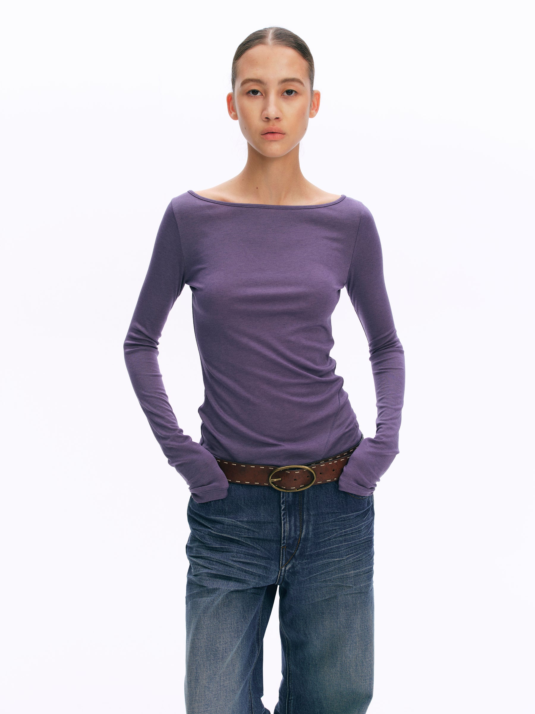 Wool Blend Boat Neck Paneled Relaxed Long-Sleeve Top purple