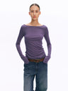 Wool Blend Boat Neck Paneled Relaxed Long-Sleeve Top purple