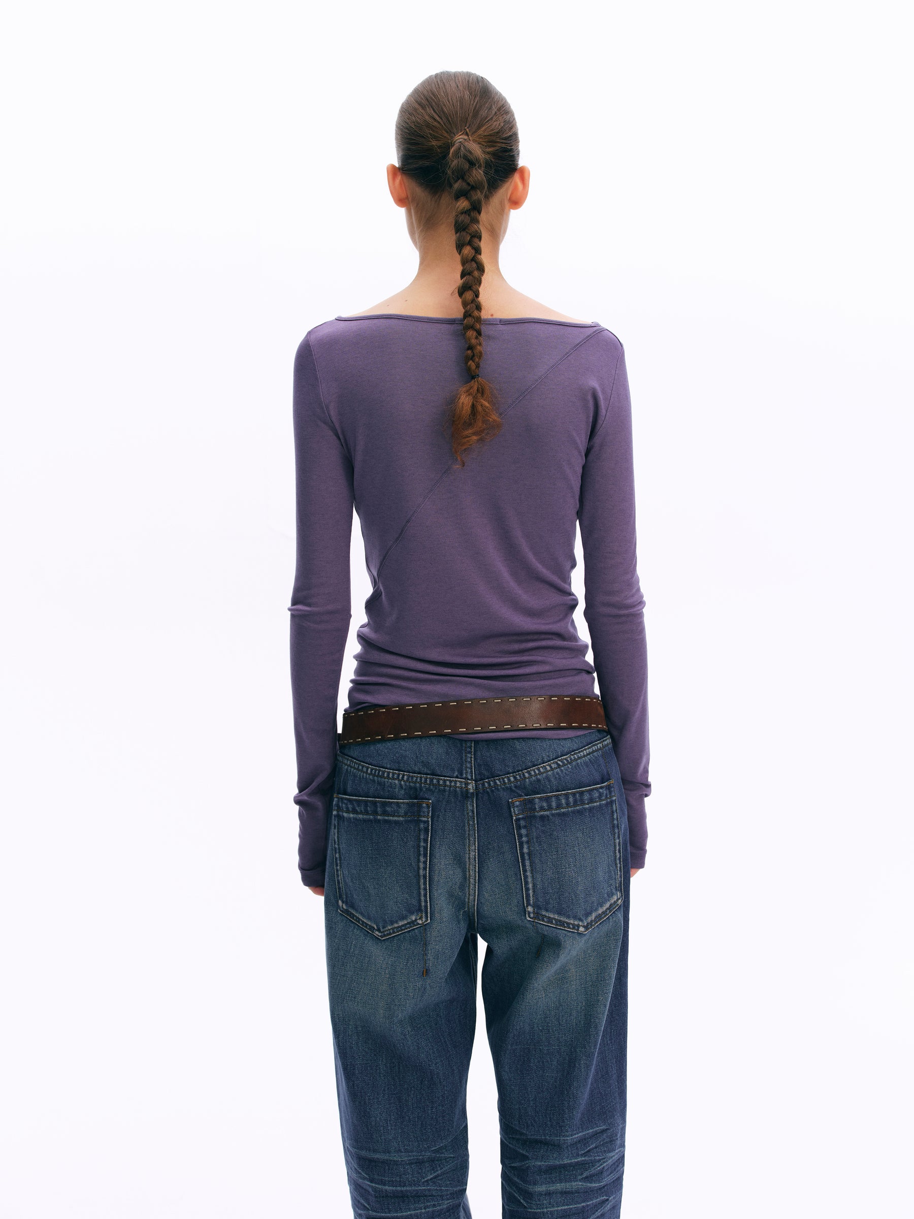 Wool Blend Boat Neck Paneled Relaxed Long-Sleeve Top purple