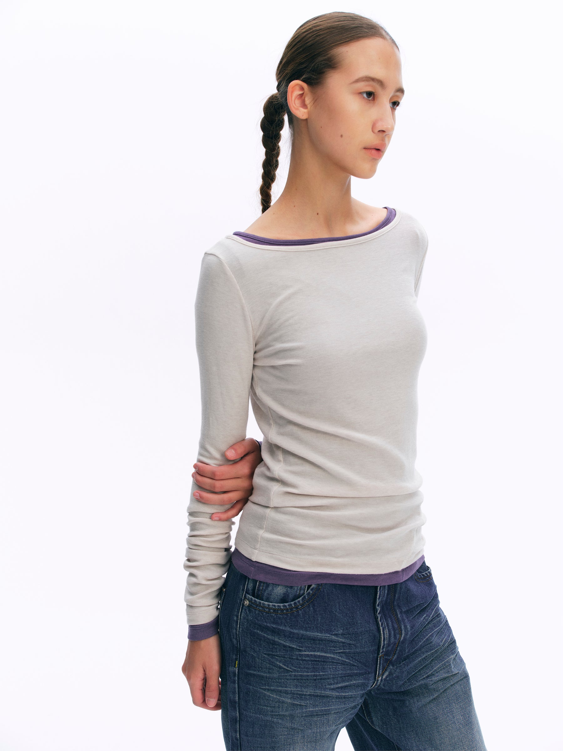 Wool Blend Boat Neck Paneled Relaxed Long-Sleeve Top oatmeal