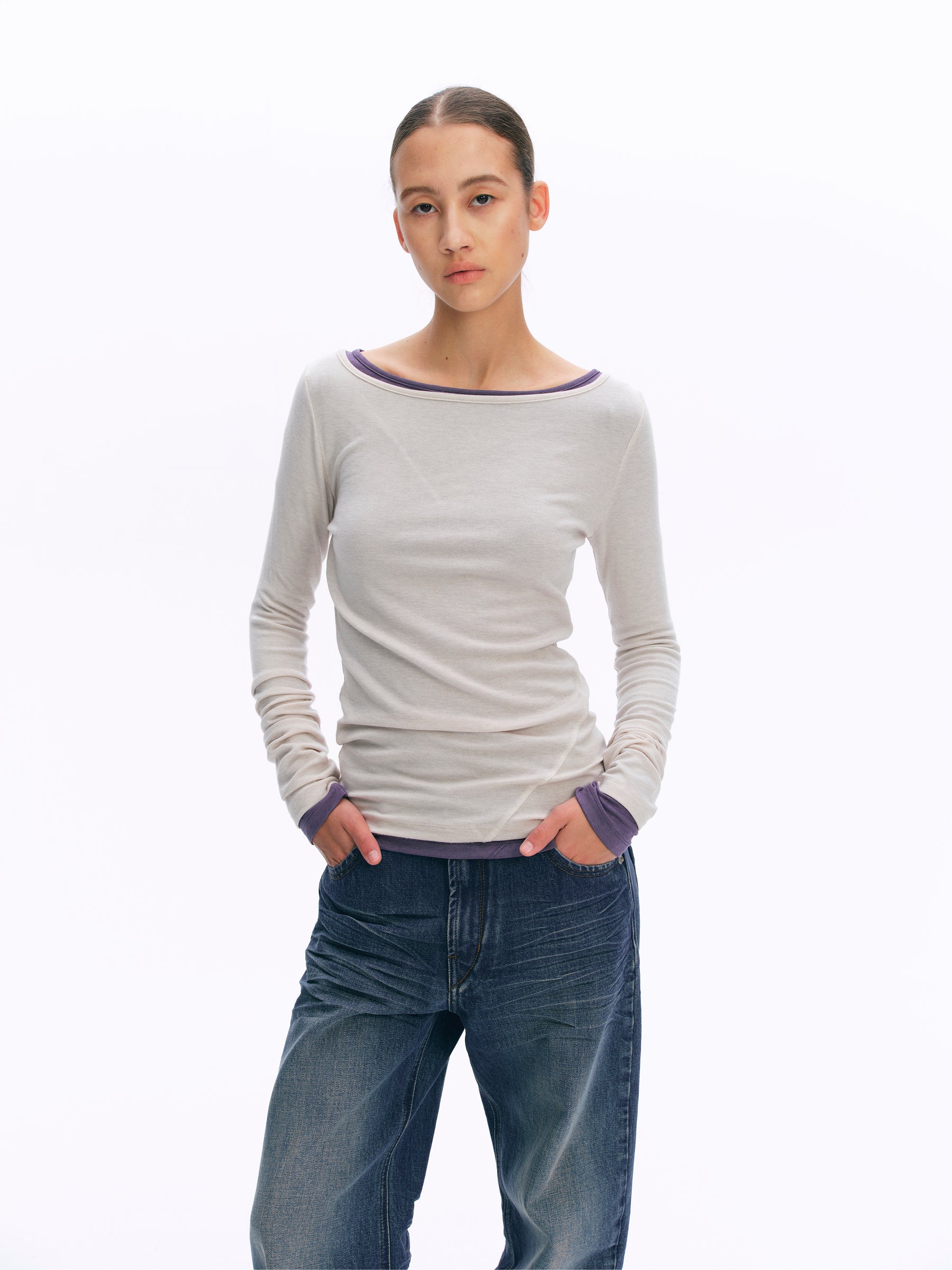 Wool Blend Boat Neck Paneled Relaxed Long-Sleeve Top oatmeal