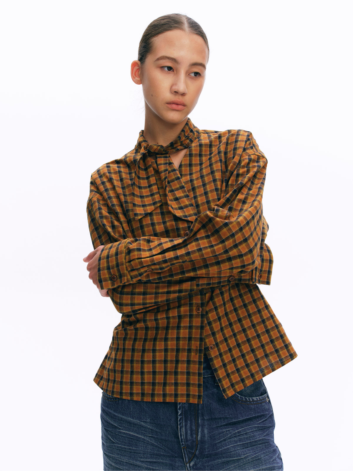 Tie-Neck Vintage Silhouette Checkered Long-Sleeve Shirt orange and blue check