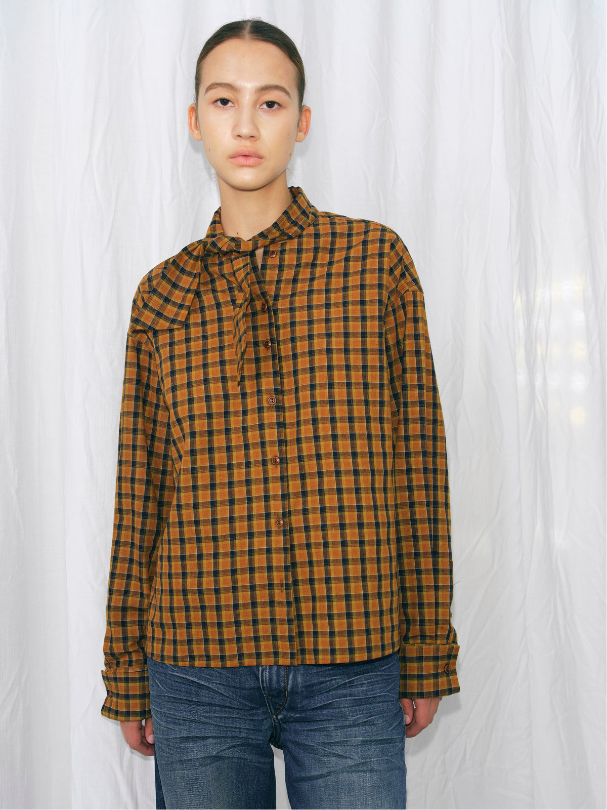 Tie-Neck Vintage Silhouette Checkered Long-Sleeve Shirt orange and blue check