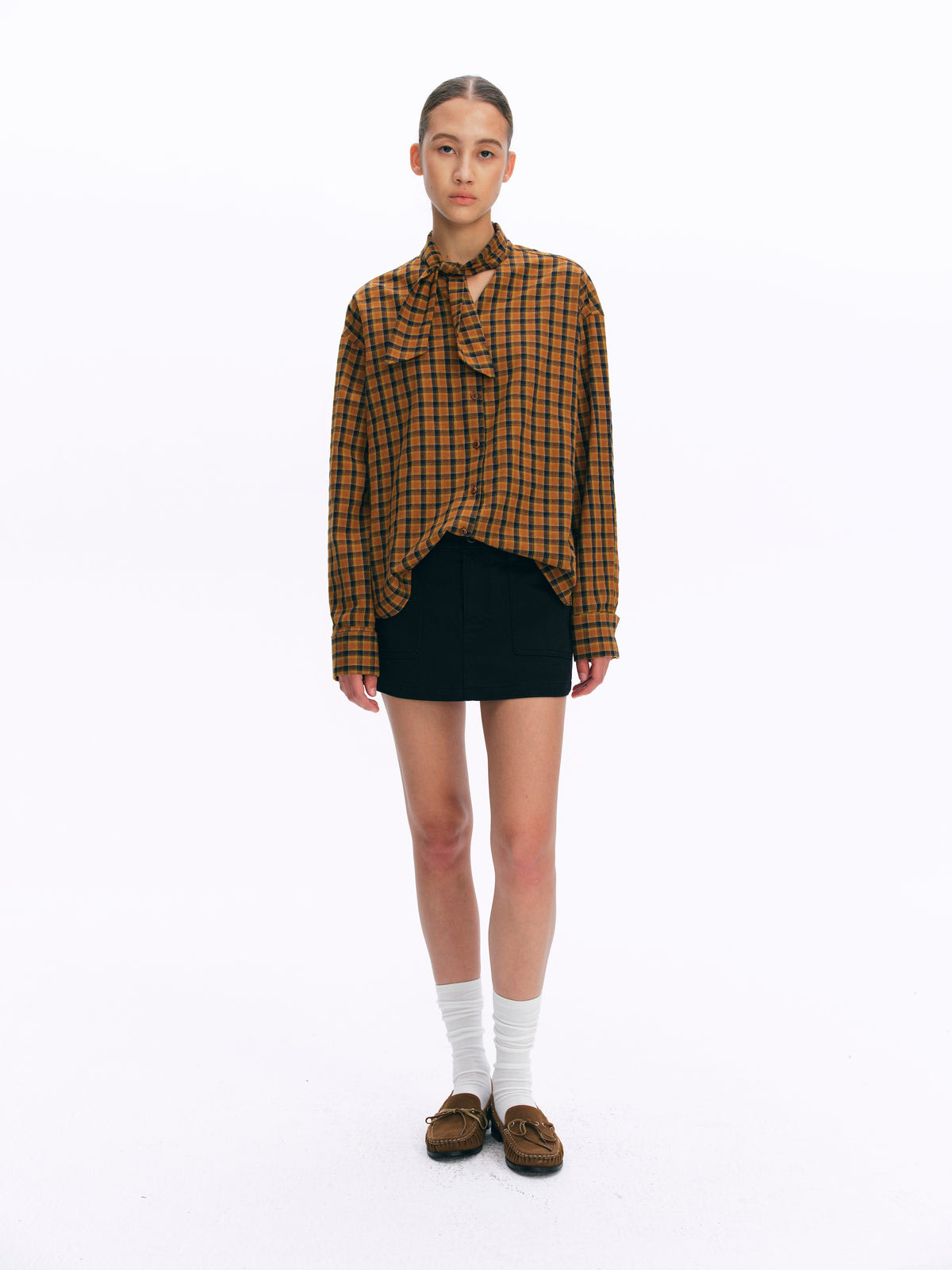 Tie-Neck Vintage Silhouette Checkered Long-Sleeve Shirt orange and blue check