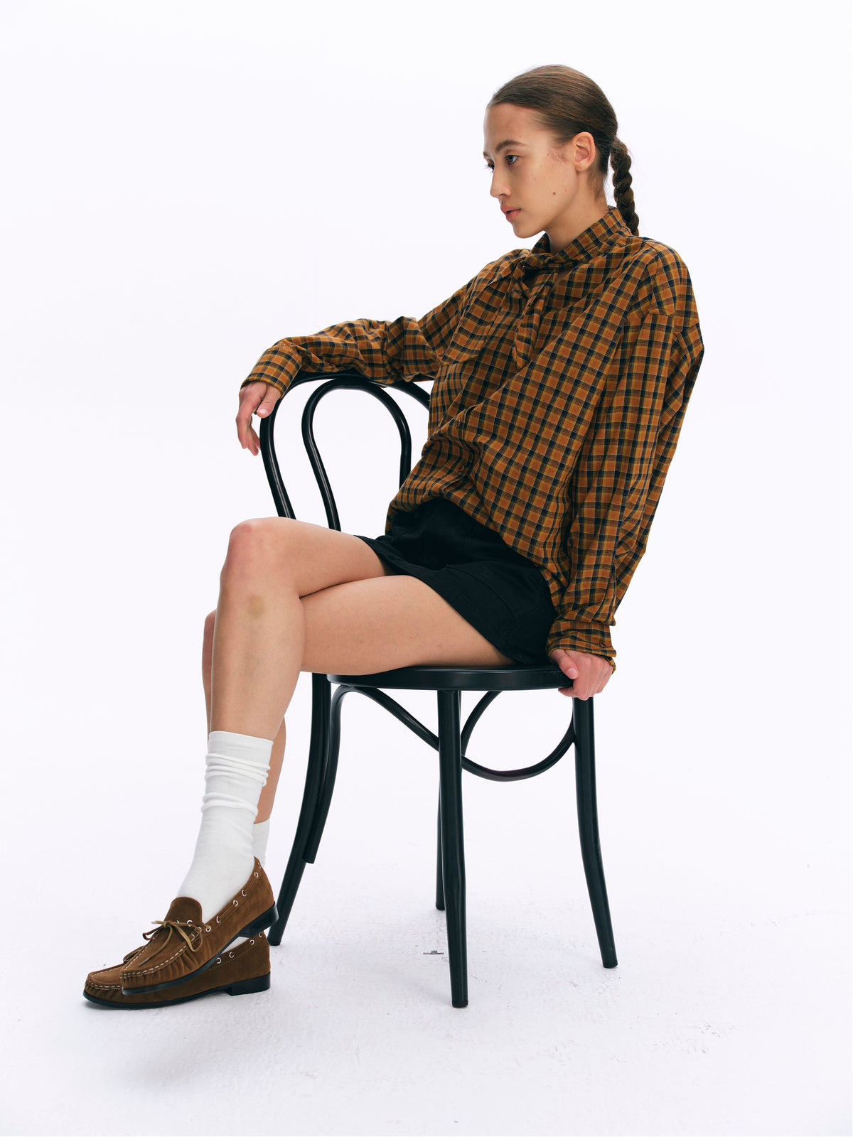 Tie-Neck Vintage Silhouette Checkered Long-Sleeve Shirt orange and blue check
