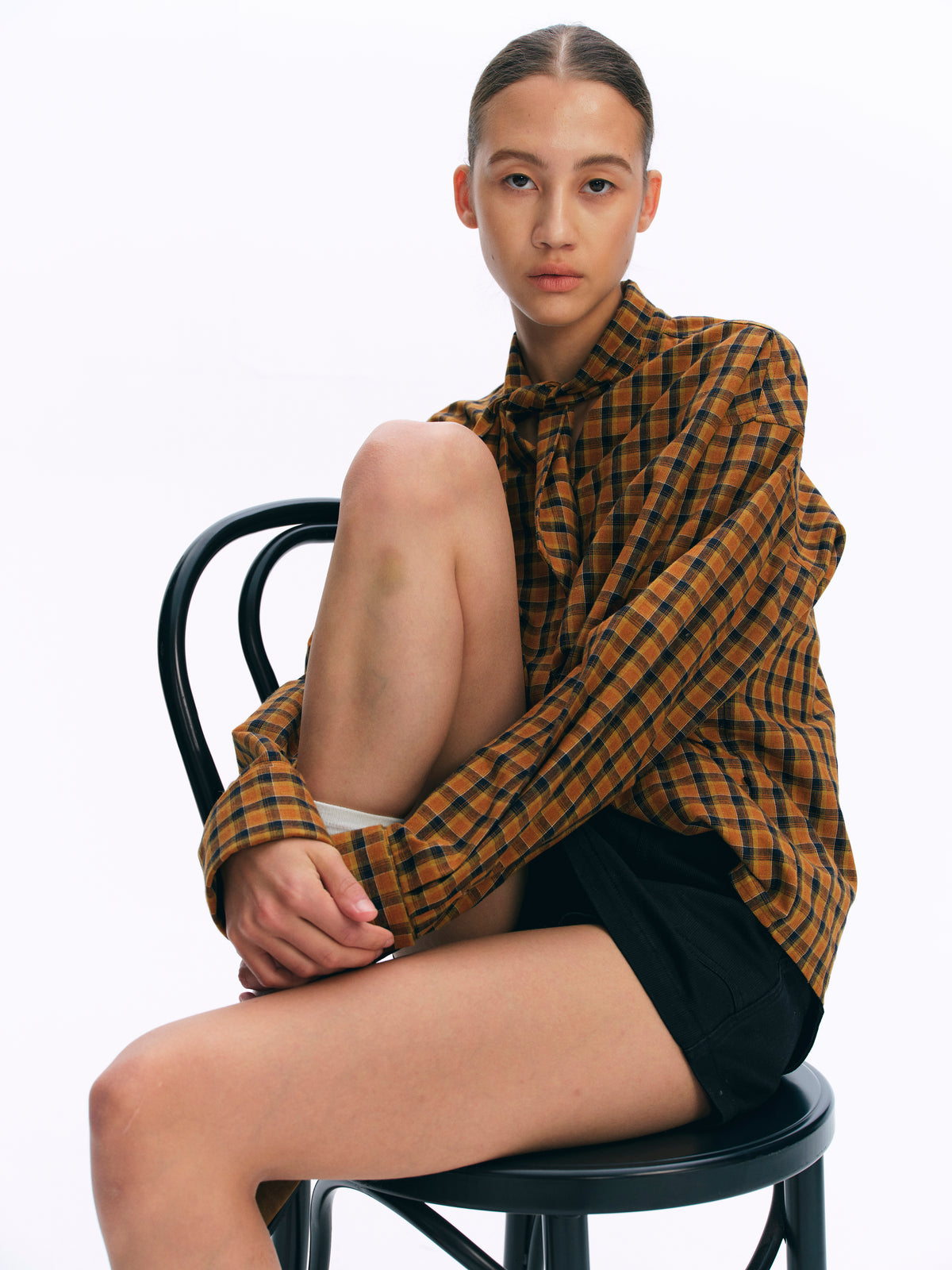 Tie-Neck Vintage Silhouette Checkered Long-Sleeve Shirt orange and blue check