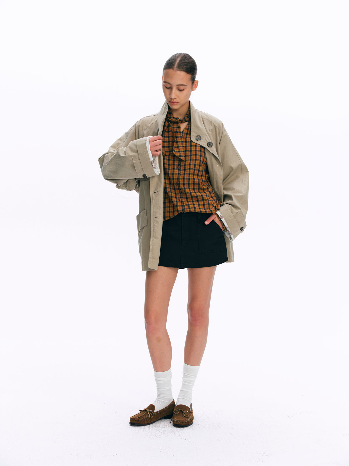 Tie-Neck Vintage Silhouette Checkered Long-Sleeve Shirt orange and blue check
