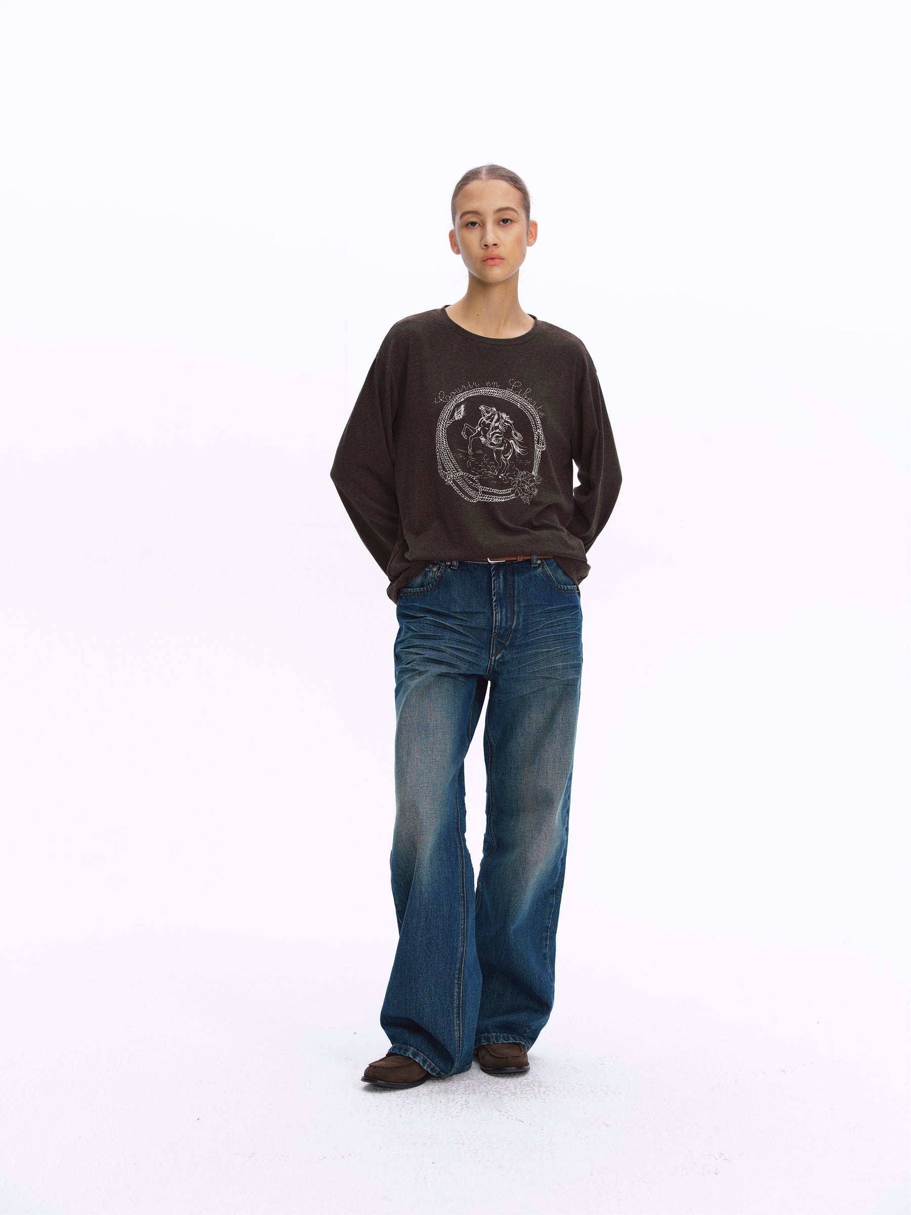 Equestrian Print Brushed Drop-Shoulder Oversized Tee brown
