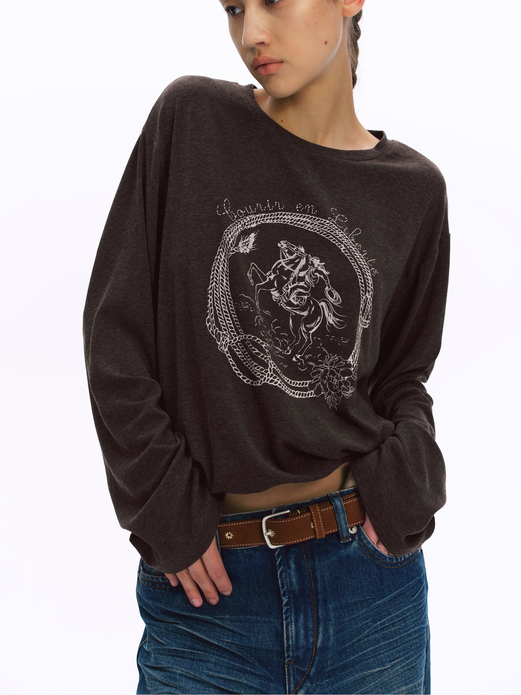 Equestrian Print Brushed Drop-Shoulder Oversized Tee brown
