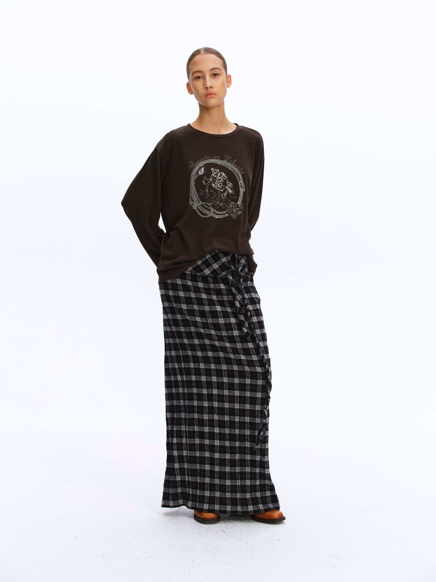 Equestrian Print Brushed Drop-Shoulder Oversized Tee brown
