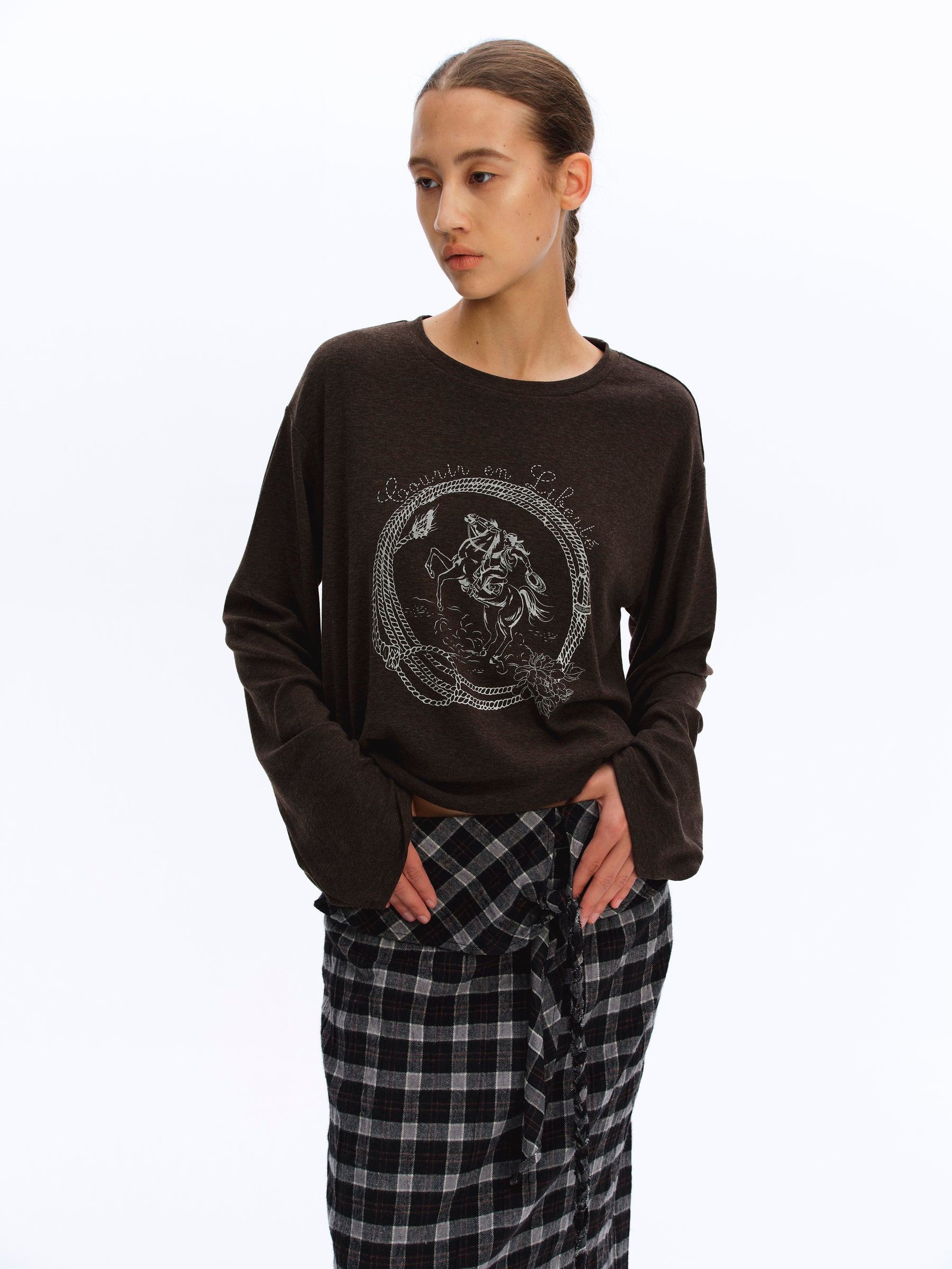 Equestrian Print Brushed Drop-Shoulder Oversized Tee brown