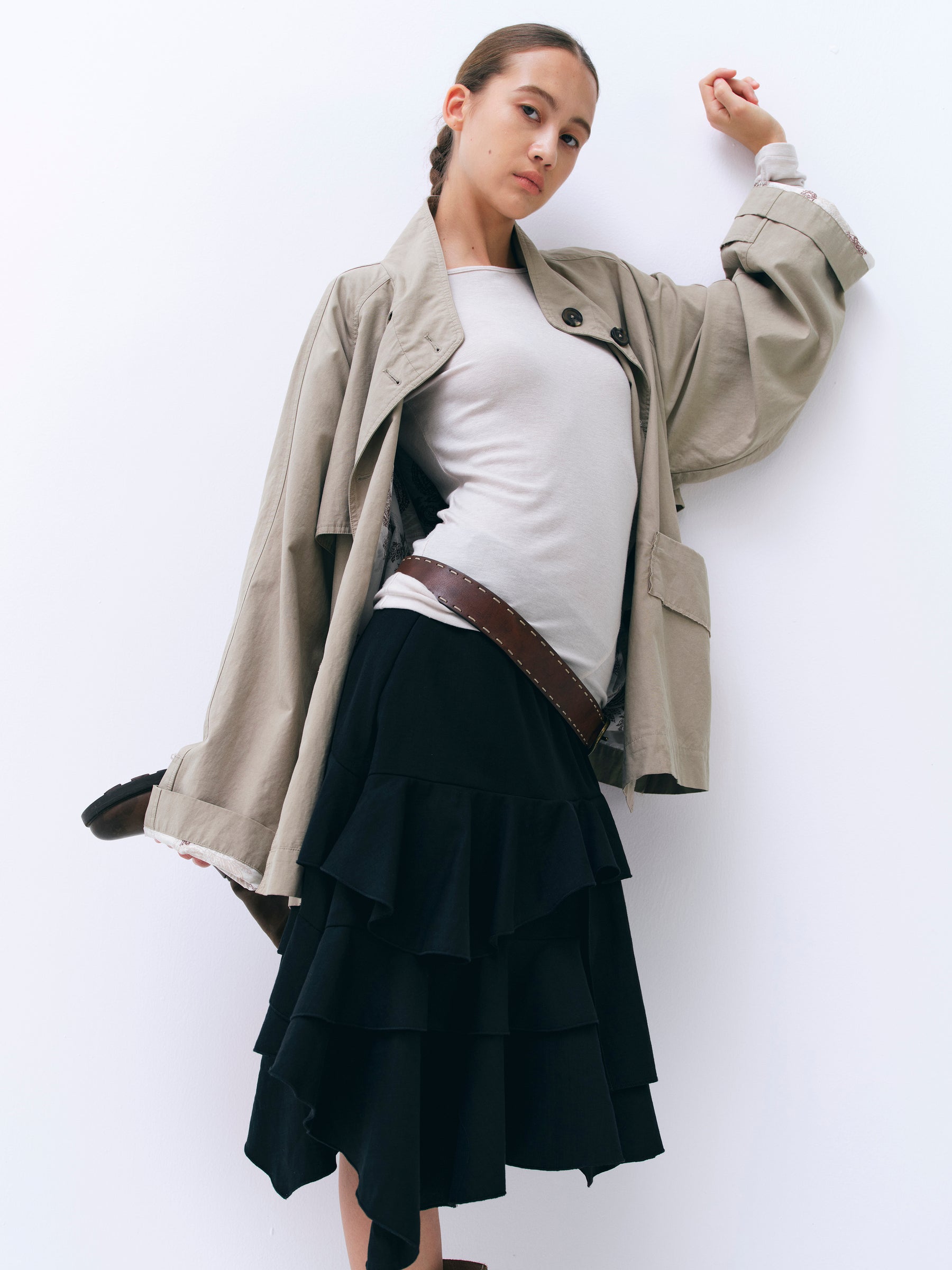 Mid-Rise Asymmetric Ruffle Tiered Skirt black