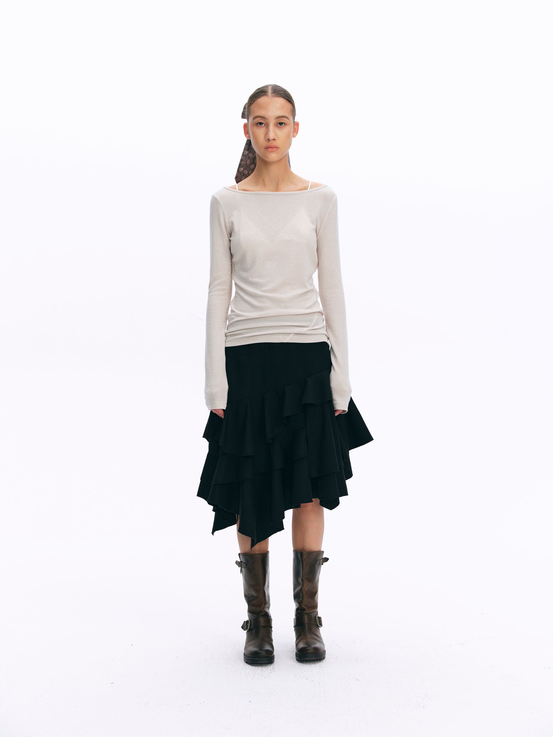 Mid-Rise Asymmetric Ruffle Tiered Skirt black