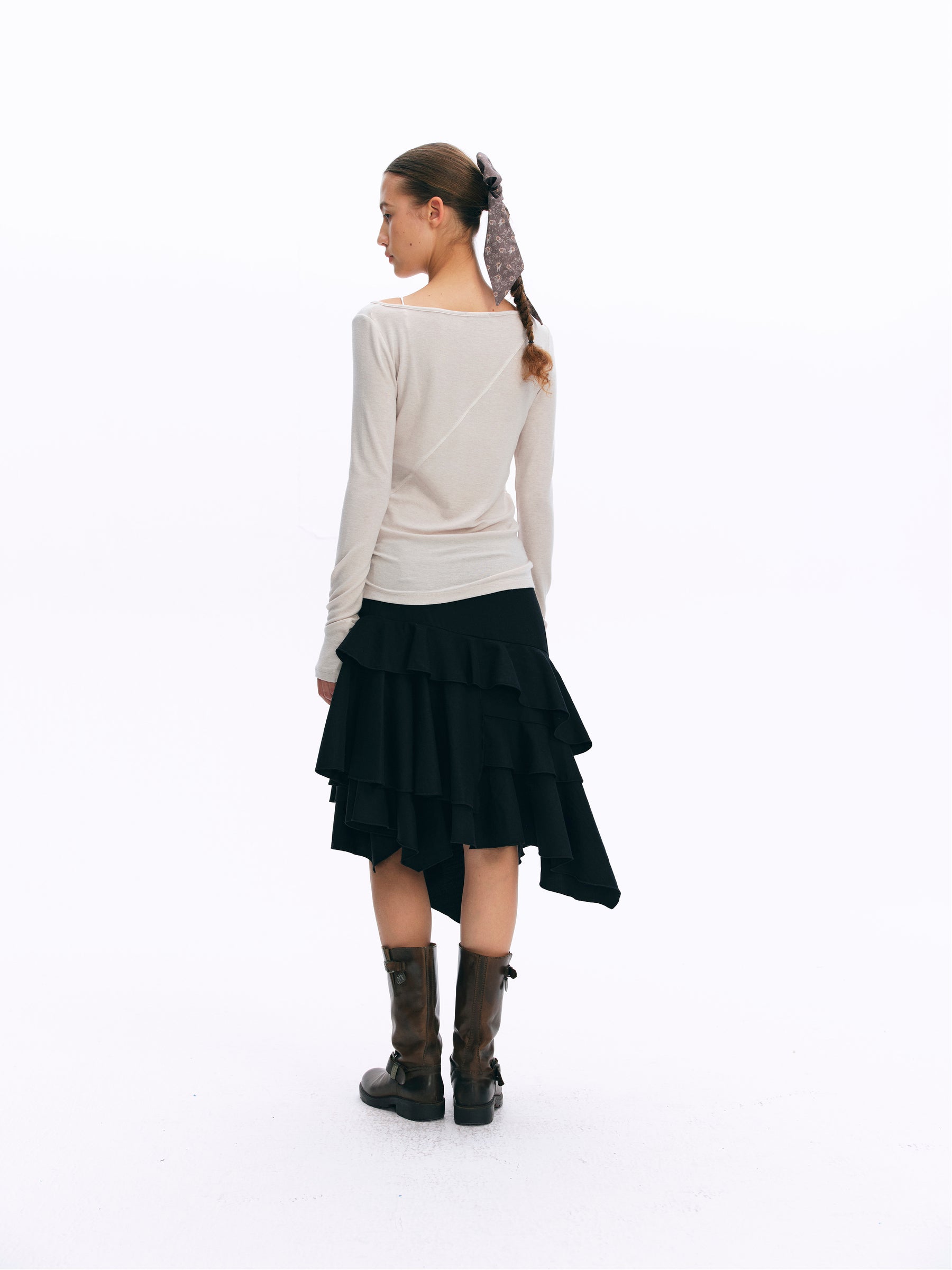Mid-Rise Asymmetric Ruffle Tiered Skirt black
