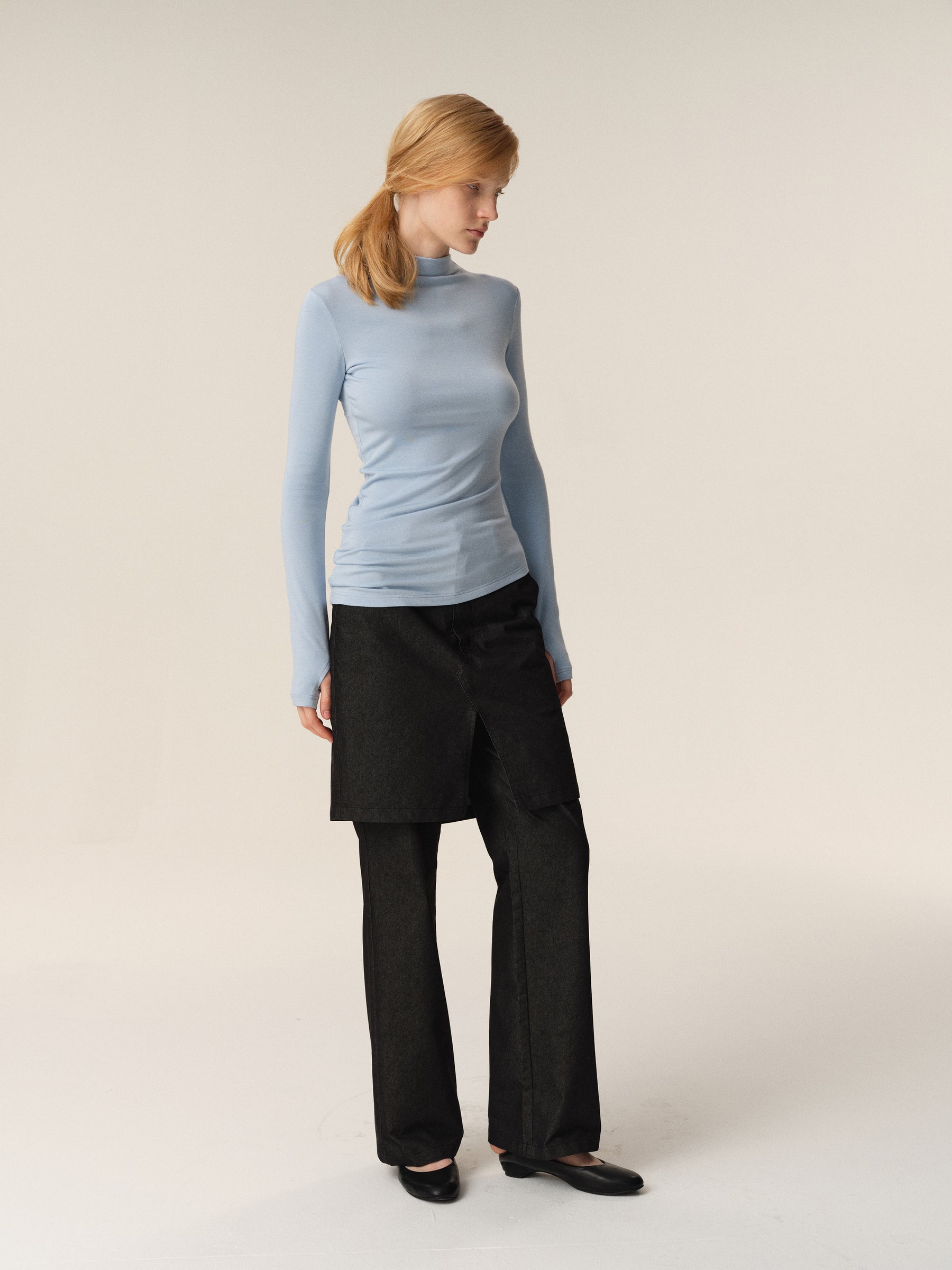 Mock Neck Curved Hem Slouchy Long-Sleeve Tee blue