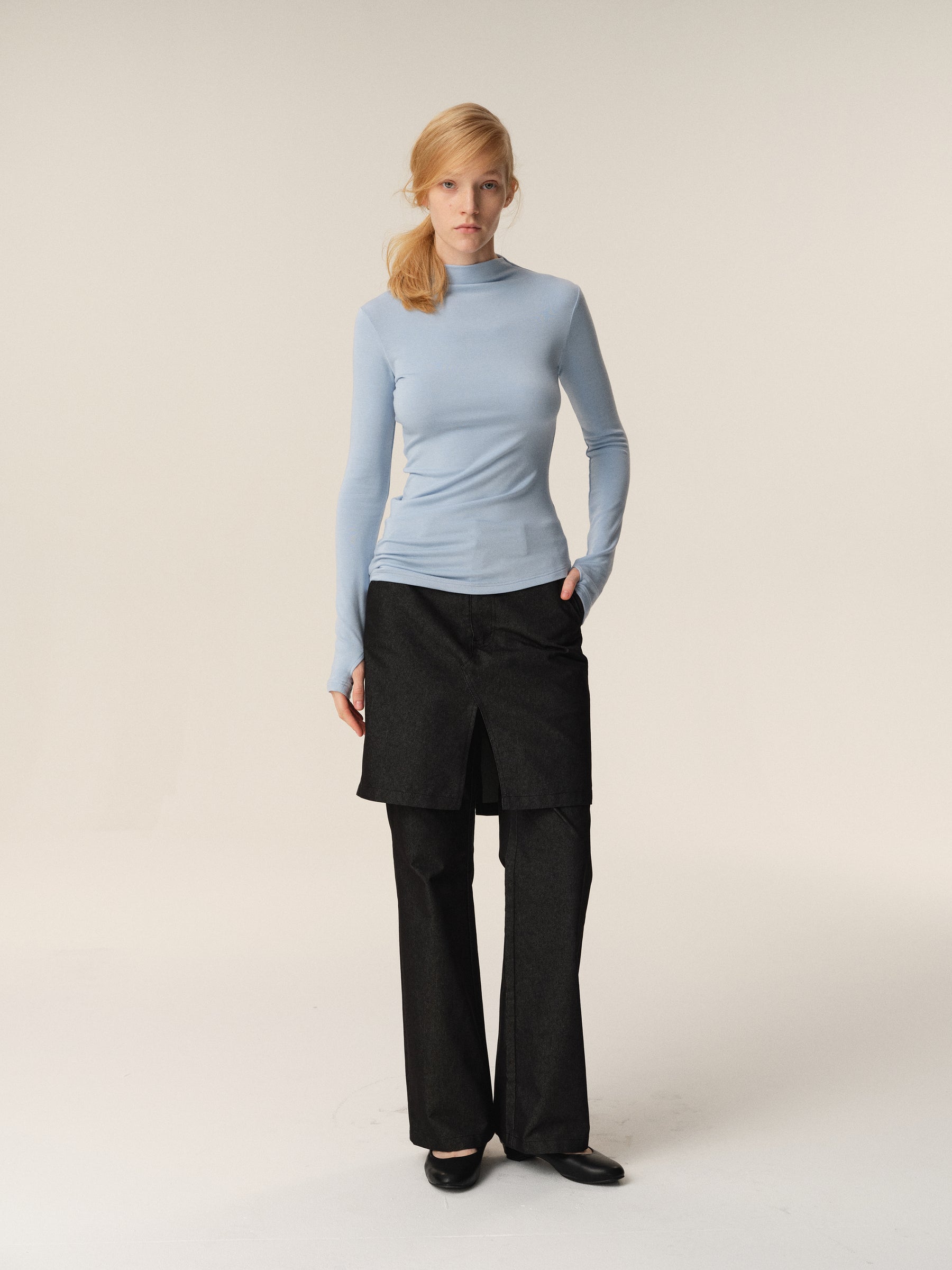 Mock Neck Curved Hem Slouchy Long-Sleeve Tee blue