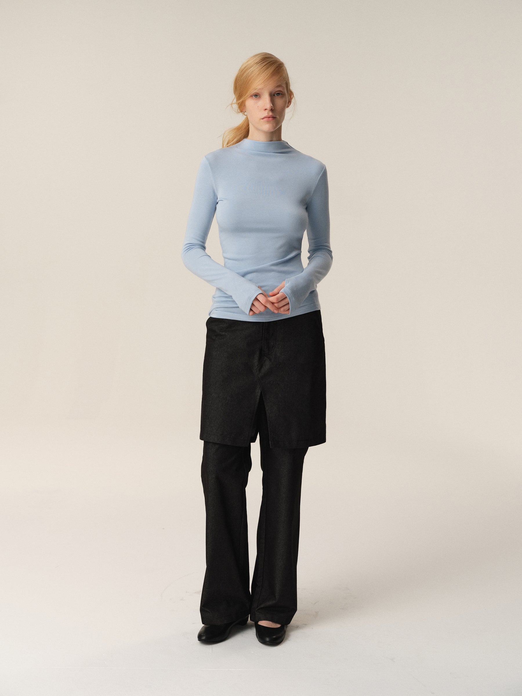 Mock Neck Curved Hem Slouchy Long-Sleeve Tee blue