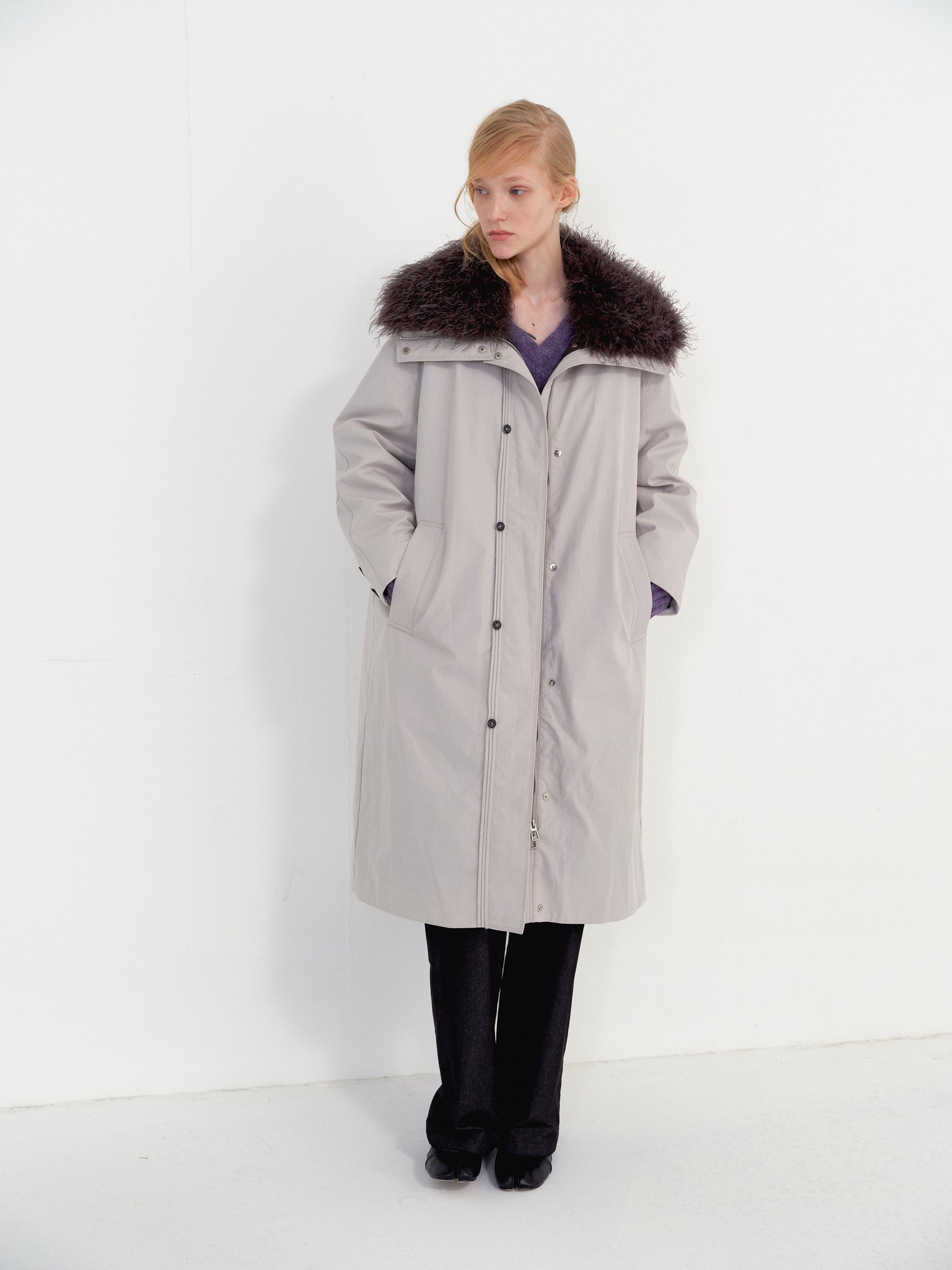 Detachable Fur Hood Utility Long Puffer Coat light gray