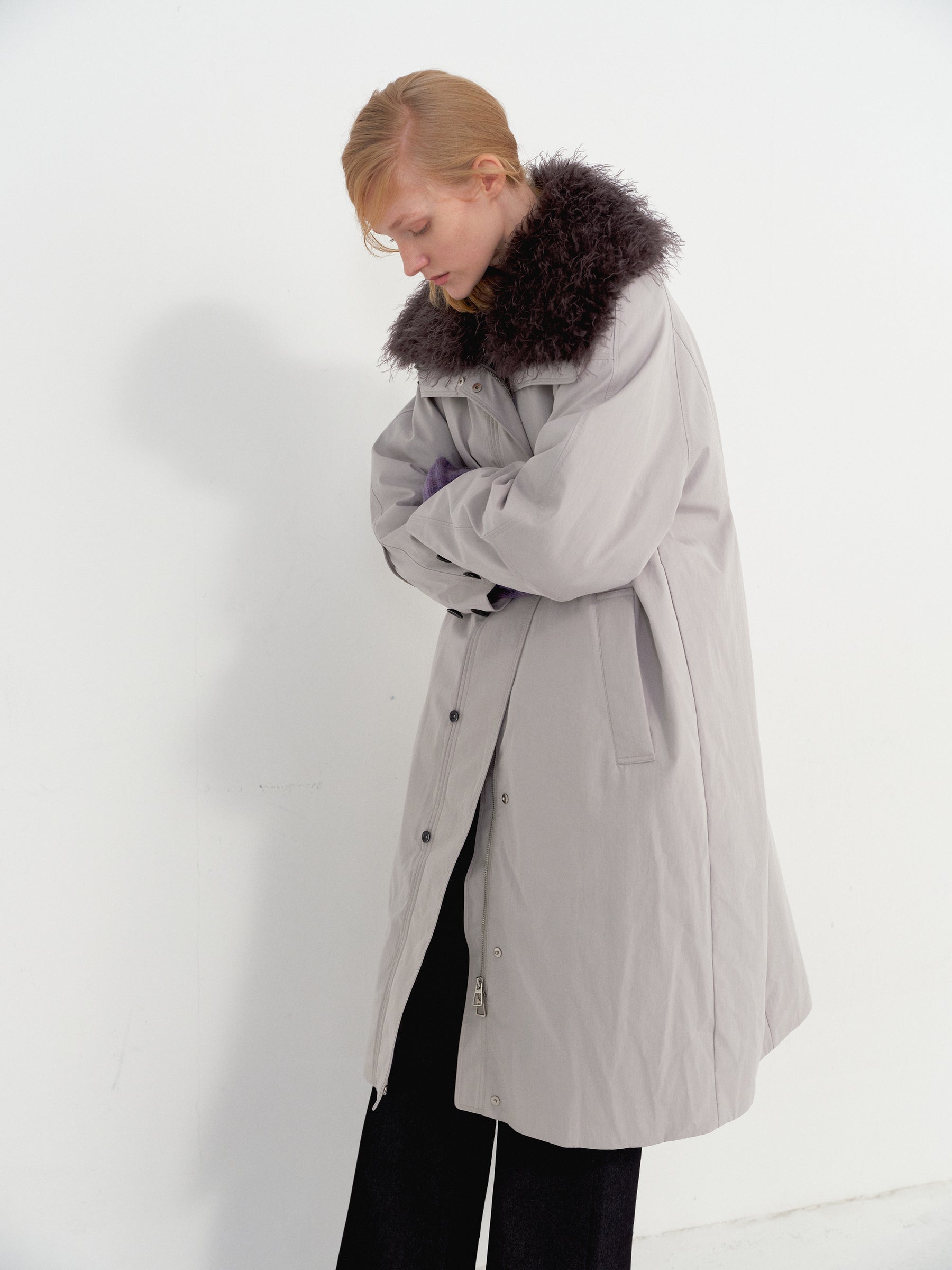 Detachable Fur Hood Utility Long Puffer Coat light gray