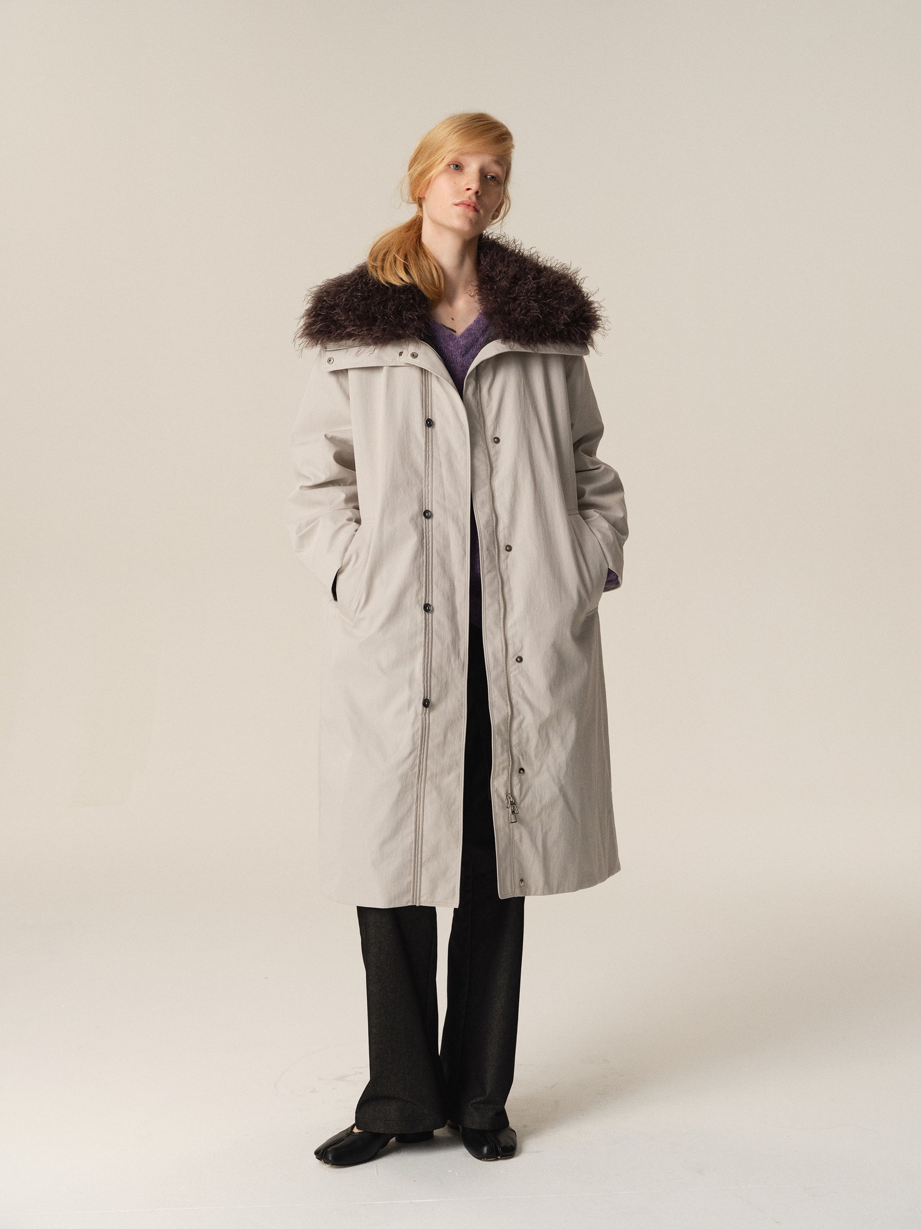 Detachable Fur Hood Utility Long Puffer Coat light gray