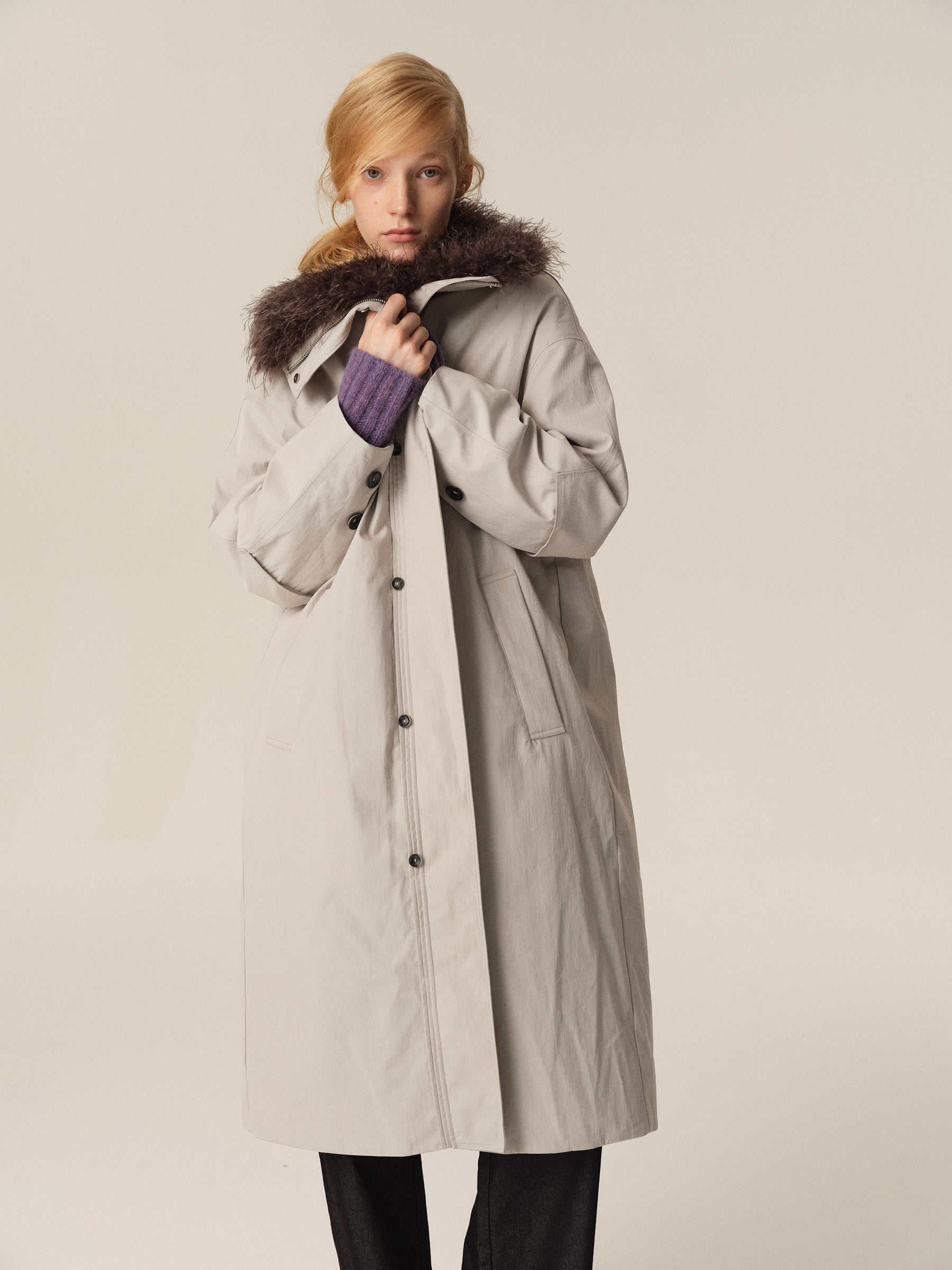 Detachable Fur Hood Utility Long Puffer Coat light gray