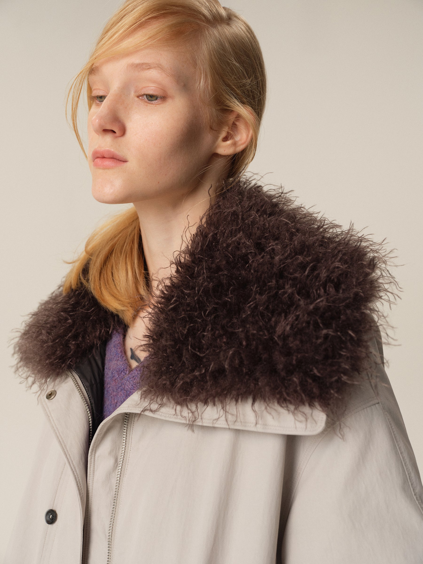Detachable Fur Hood Utility Long Puffer Coat light gray