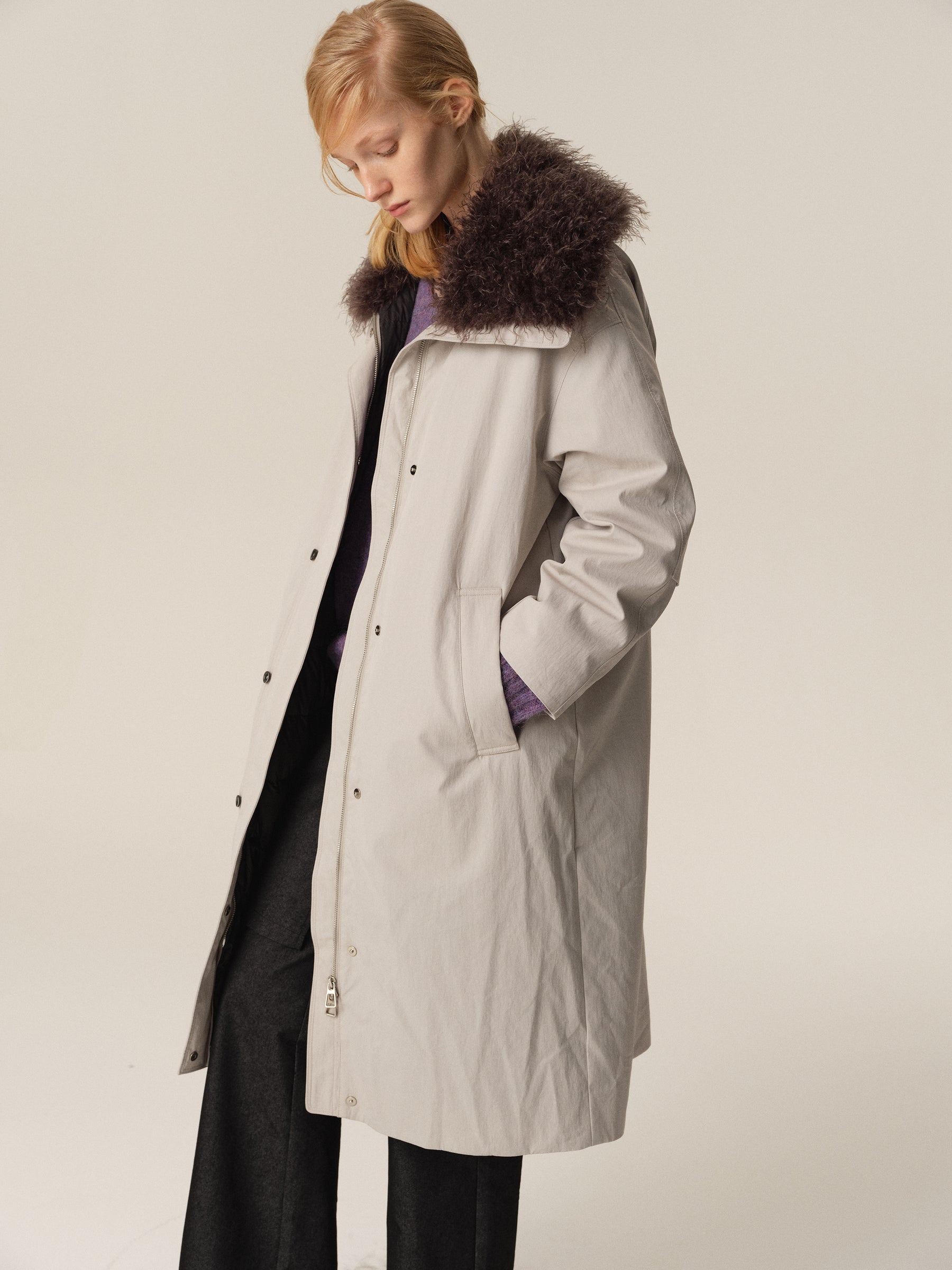 Detachable Fur Hood Utility Long Puffer Coat light gray