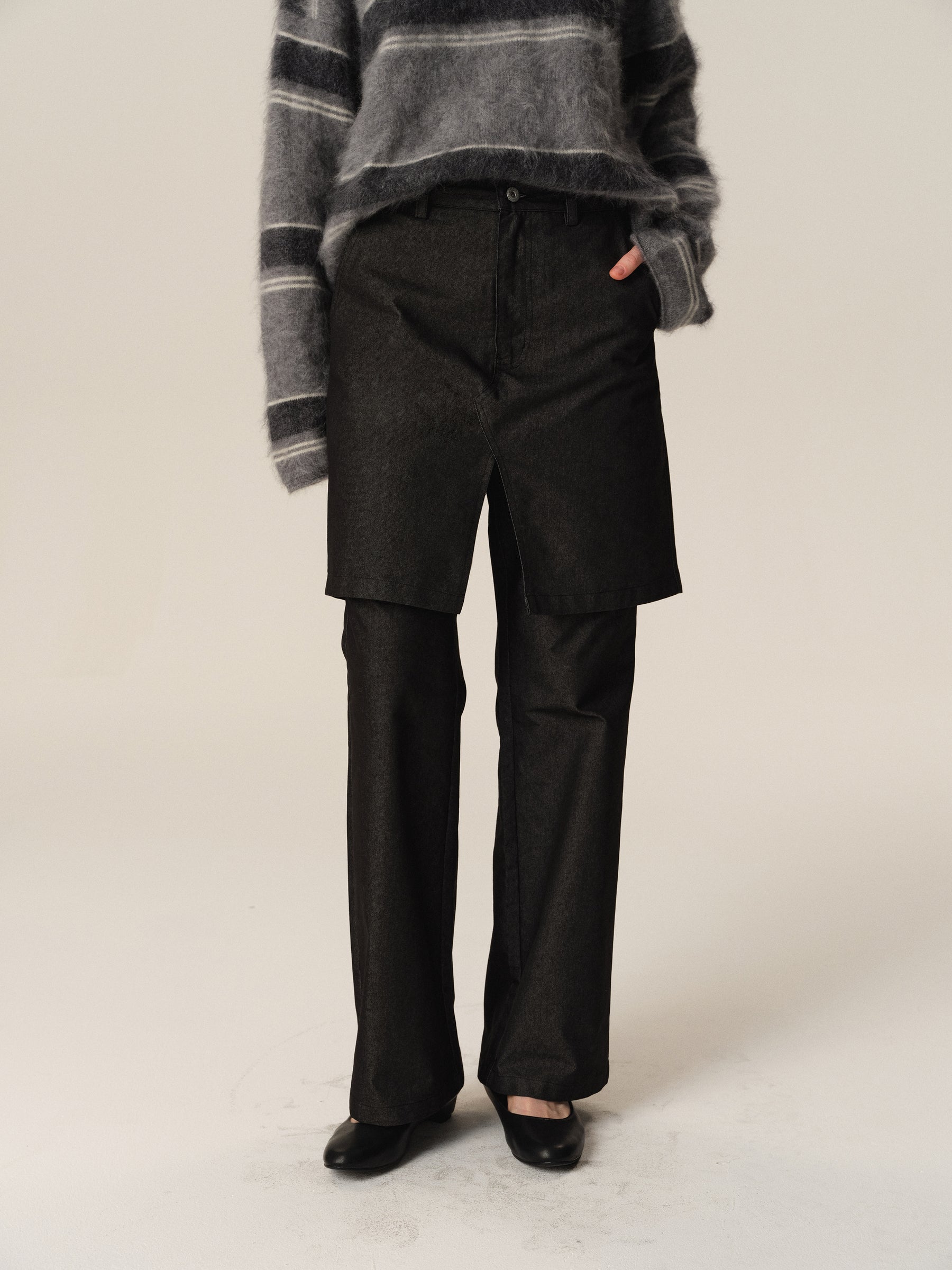 Mid-Low Waist Mock Two-Piece Slit Flare Culottes black