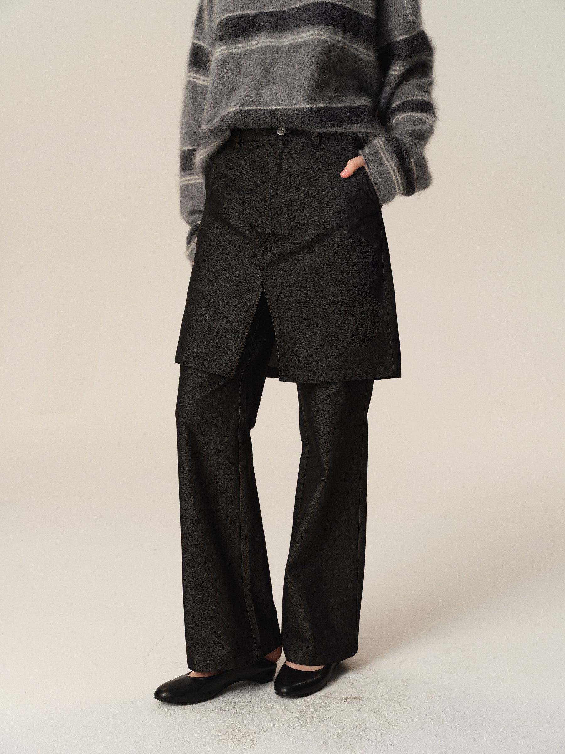 Mid-Low Waist Mock Two-Piece Slit Flare Culottes black
