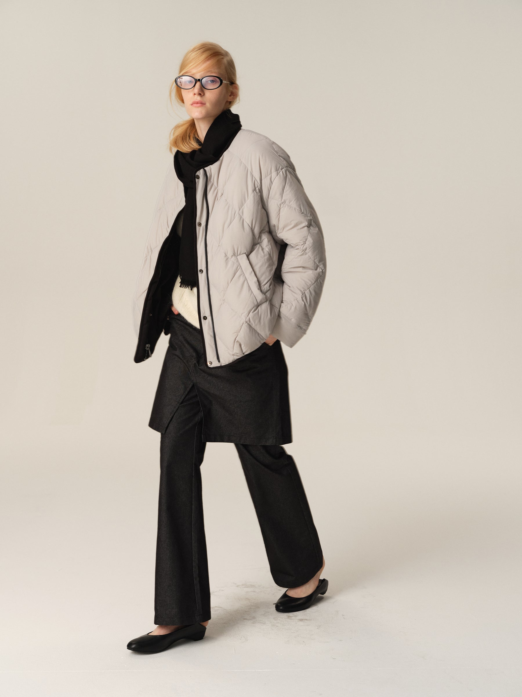Mid-Low Waist Mock Two-Piece Slit Flare Culottes black