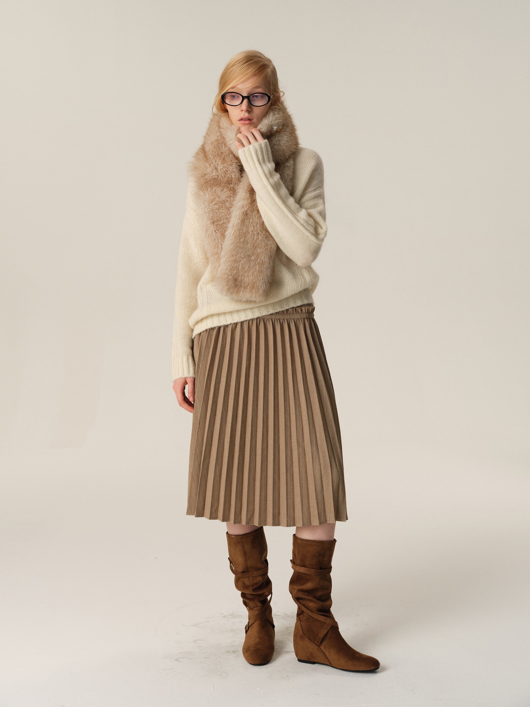 Mid-Low Waist Raw Hem Pleated Textured Midi Skirt khaki