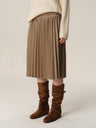 Mid-Low Waist Raw Hem Pleated Textured Midi Skirt khaki