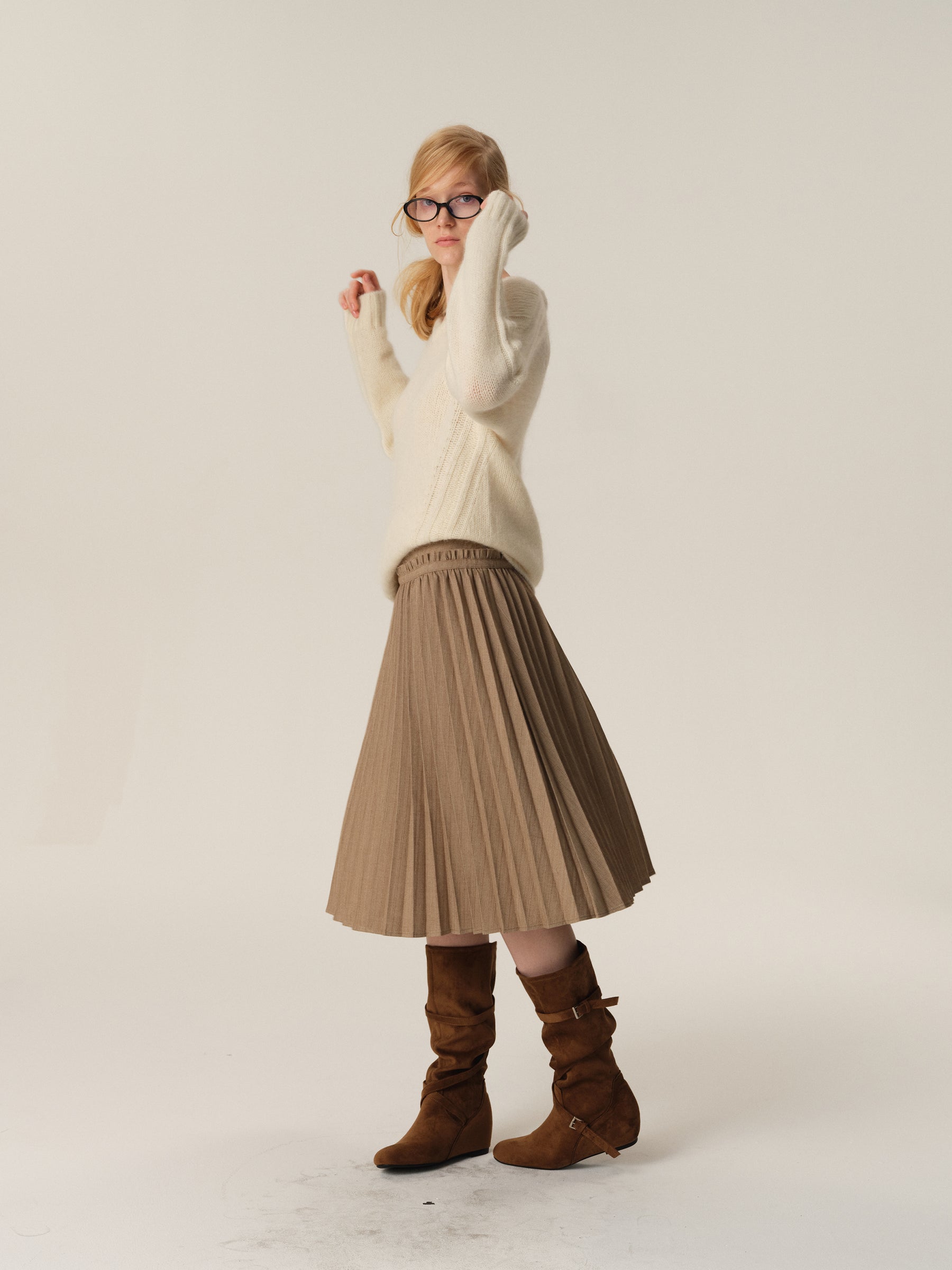 Mid-Low Waist Raw Hem Pleated Textured Midi Skirt khaki