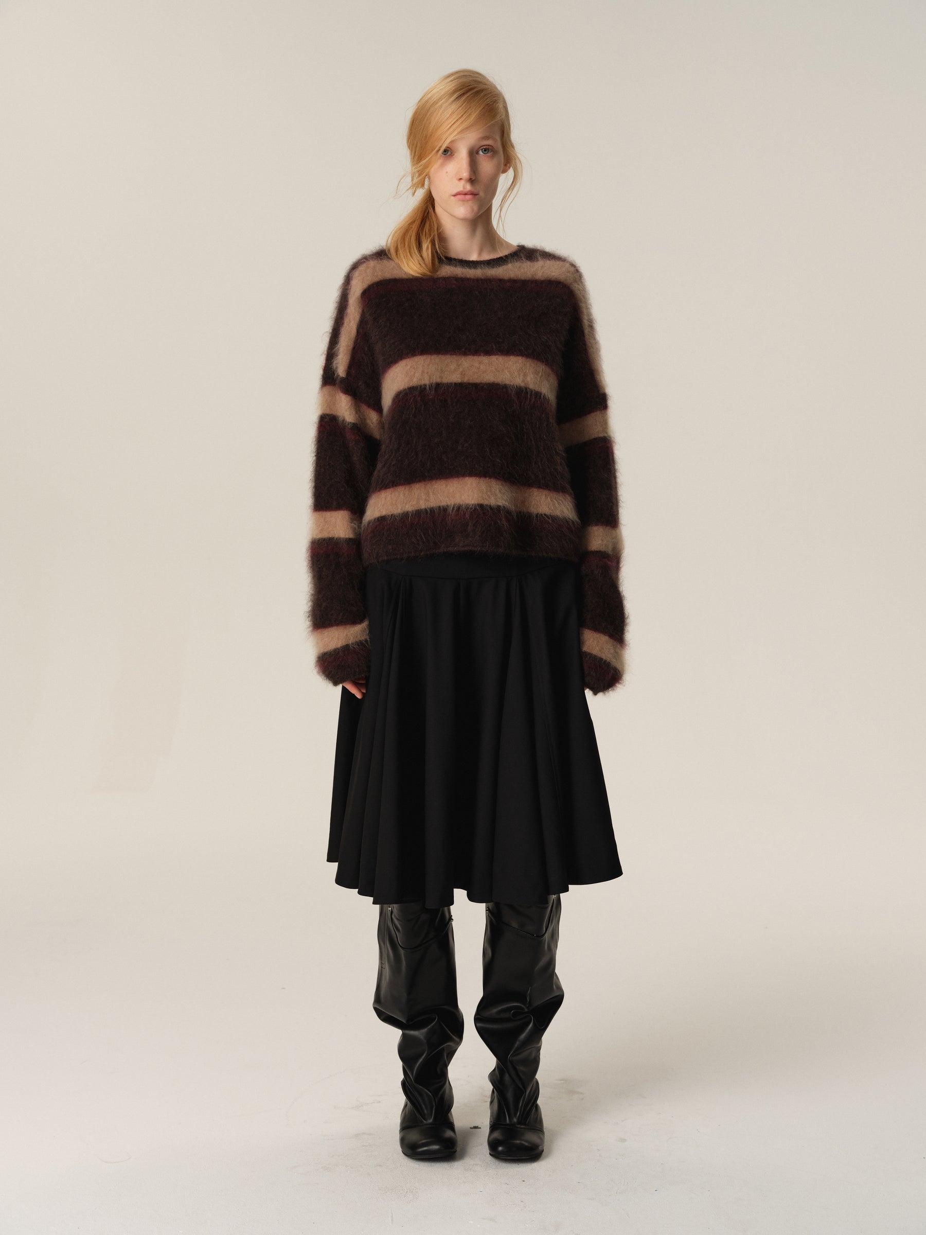 Brushed Wool Striped Crewneck Oversized Sweater brown stripe
