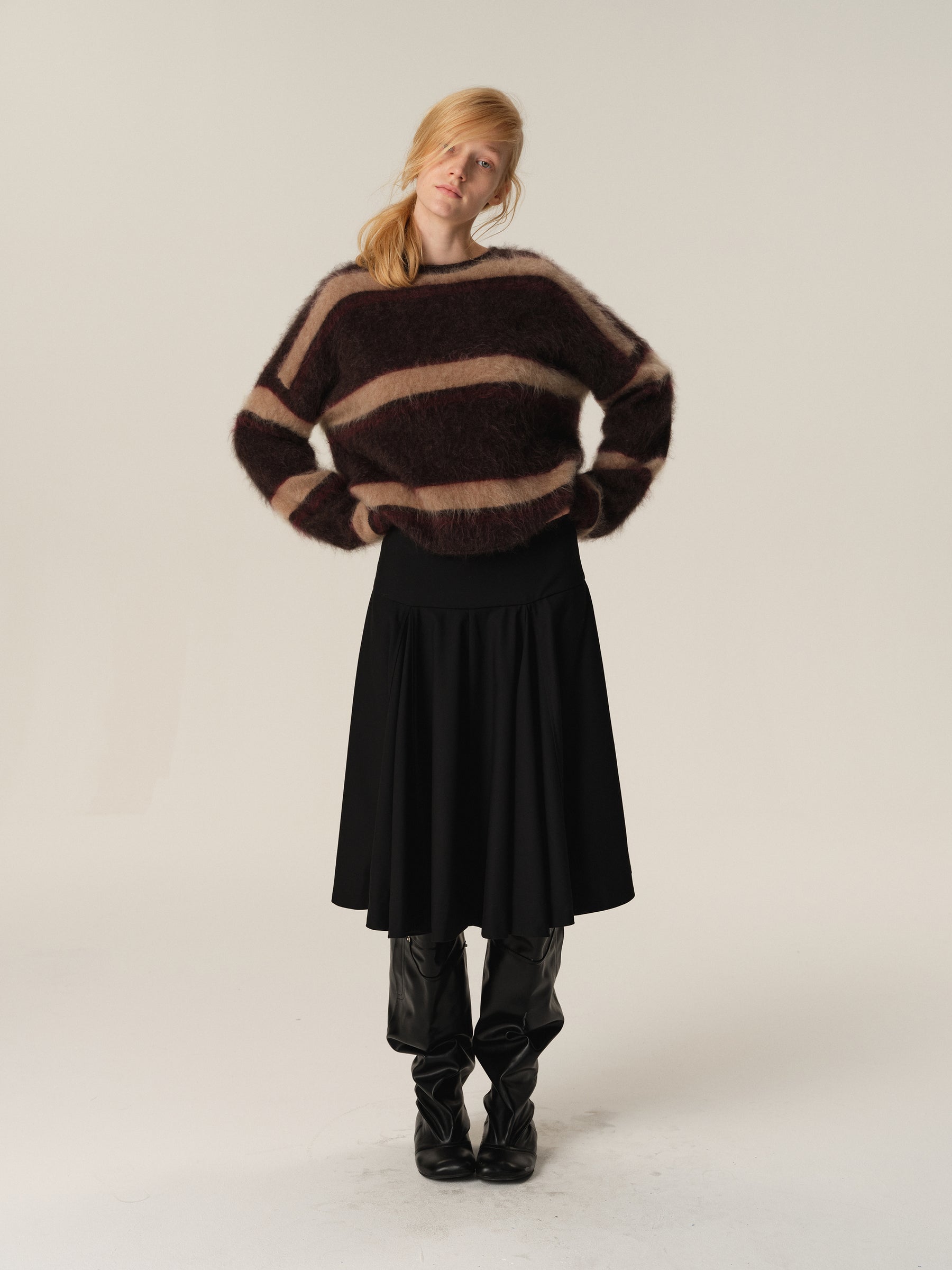 Brushed Wool Striped Crewneck Oversized Sweater brown stripe