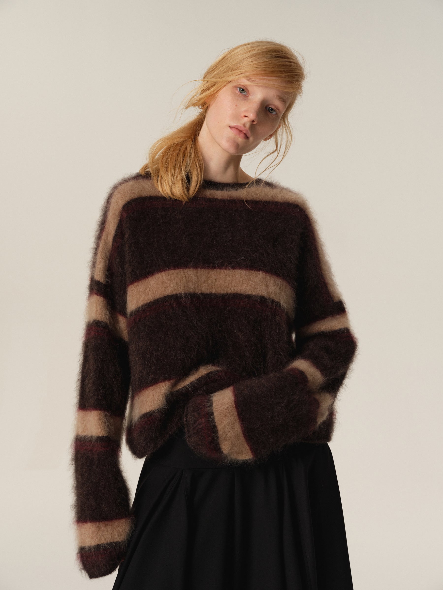 Brushed Wool Striped Crewneck Oversized Sweater brown stripe