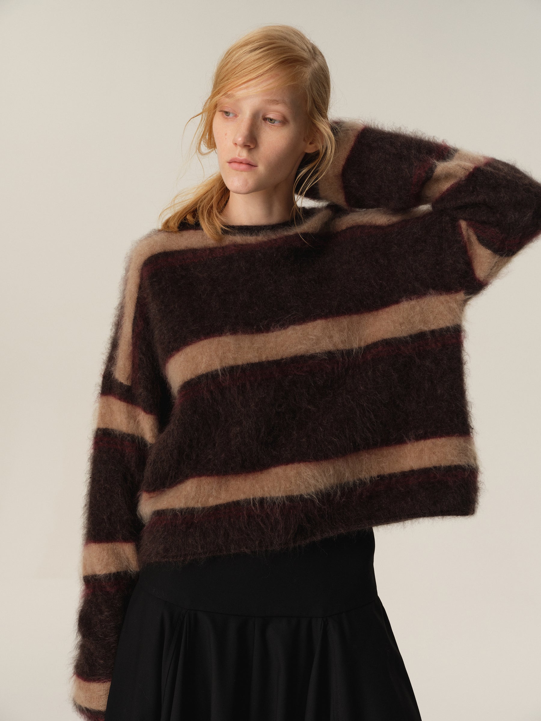 Brushed Wool Striped Crewneck Oversized Sweater brown stripe
