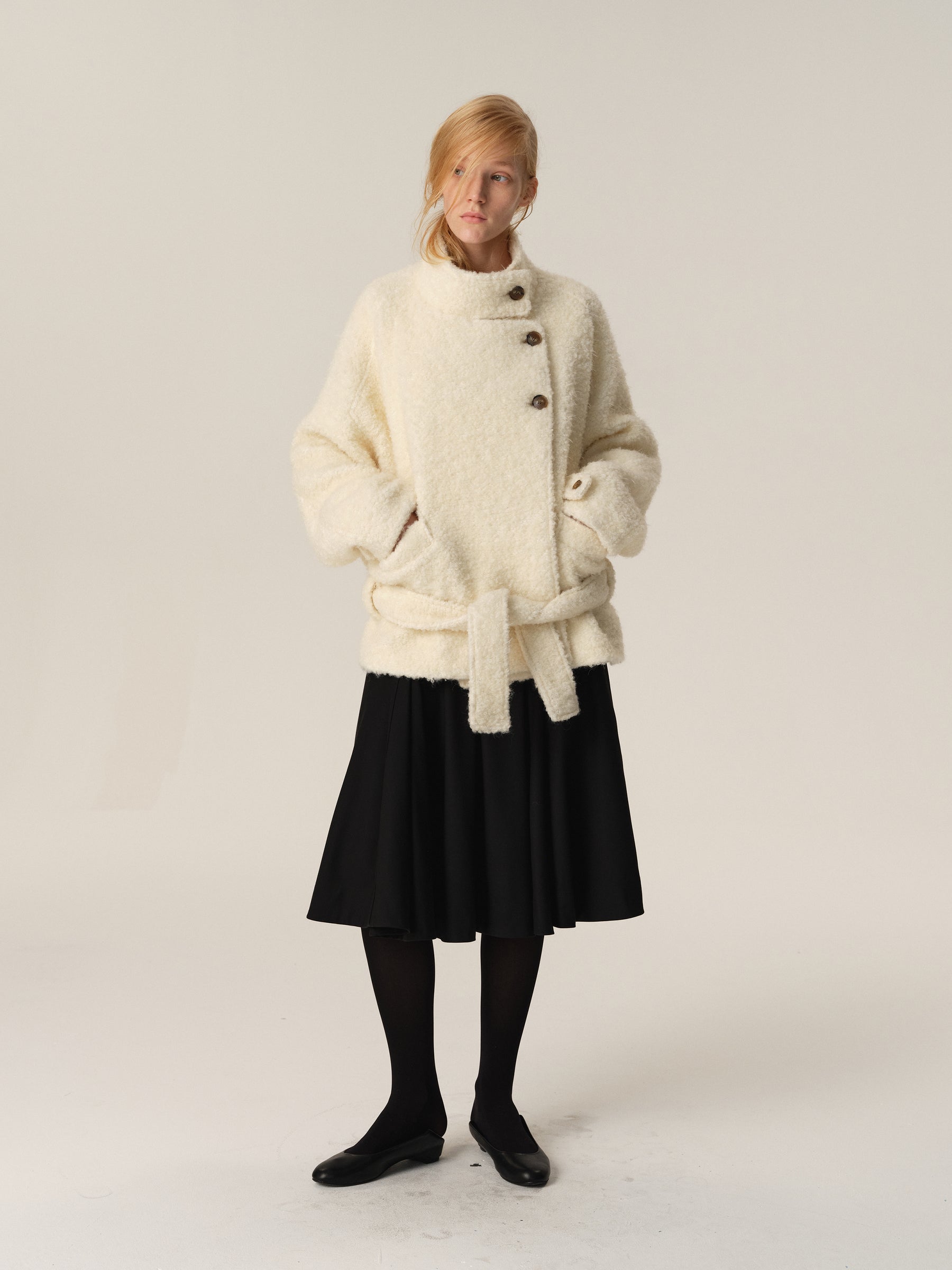 Brushed Wool Puffy Low-Rise Belted Stand Collar Coat off white