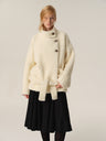 Brushed Wool Puffy Low-Rise Belted Stand Collar Coat off white