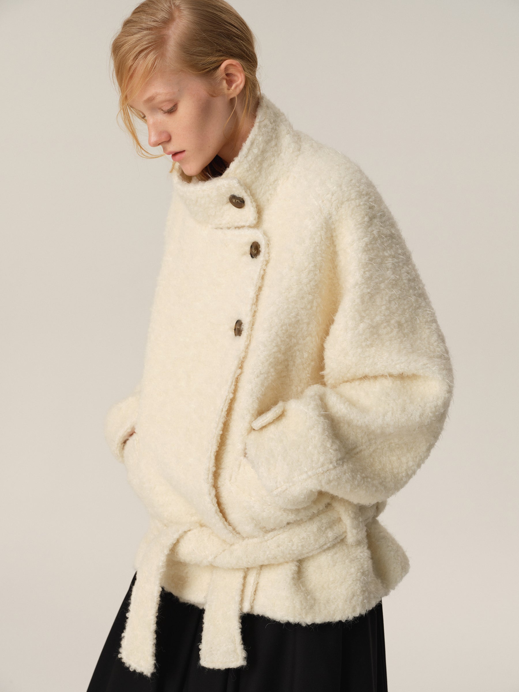 Brushed Wool Puffy Low-Rise Belted Stand Collar Coat off white